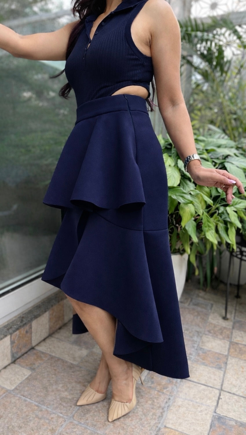 Ruffle Hi-Low Skirt in Navy Blue