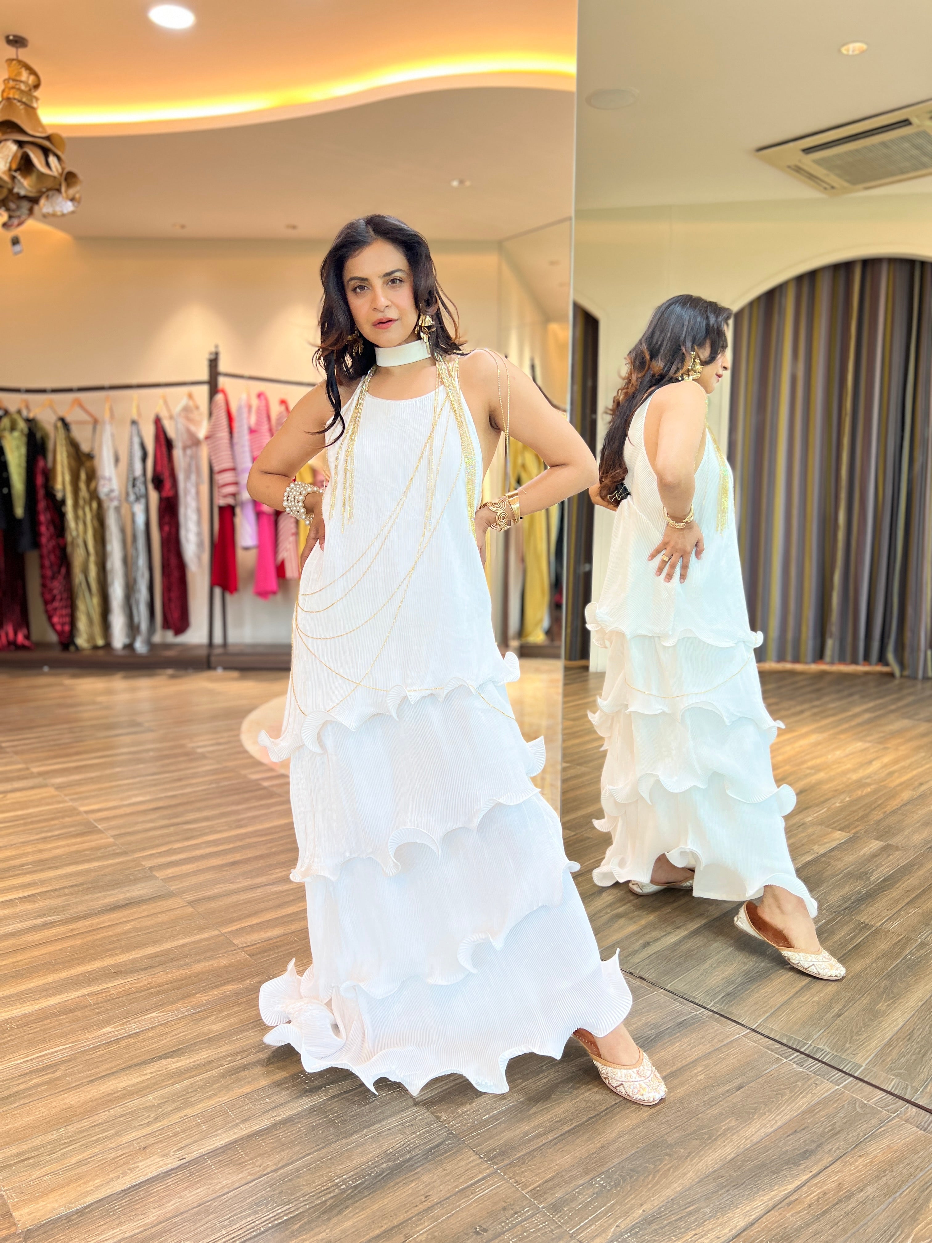 Long ruffle dress in ivory