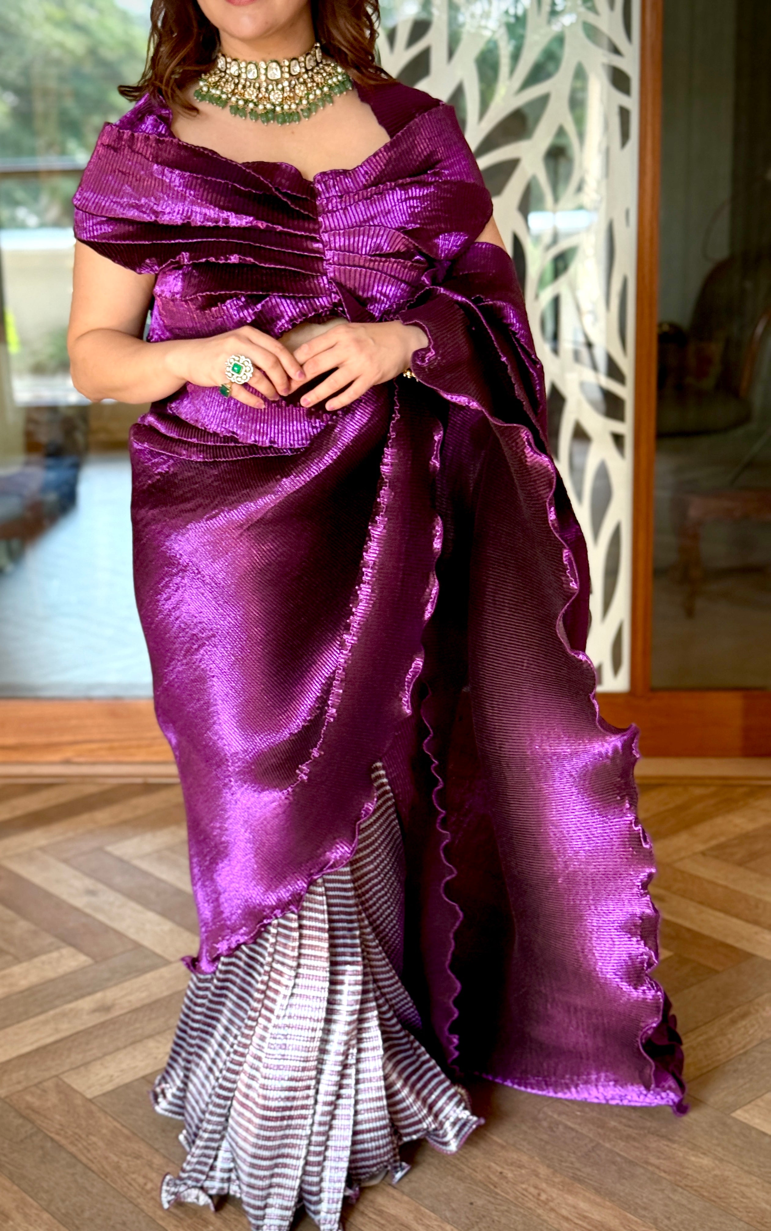 Purple Shimmer - Striped Color block Saree