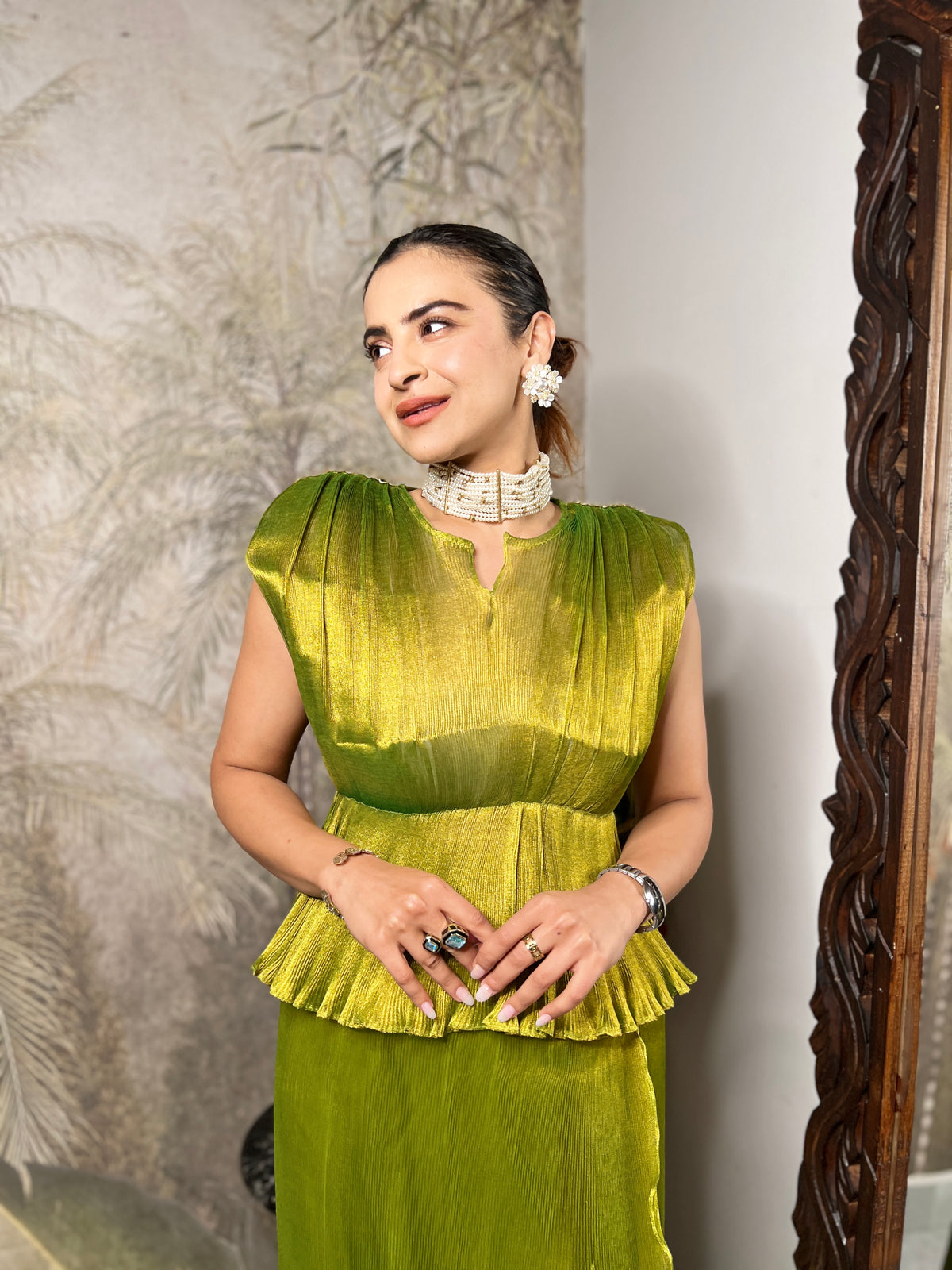 Green ruched moonlift dhoti skirt set