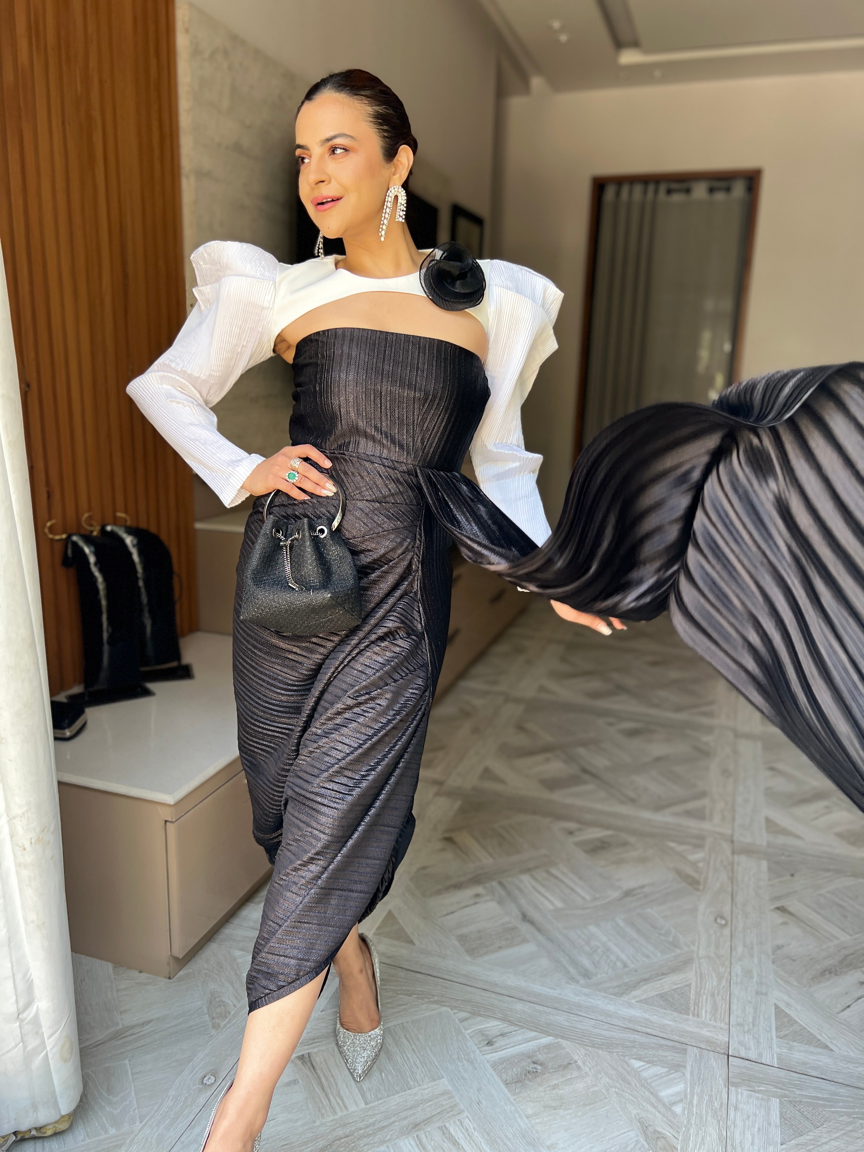 Drape gown with Shoulder Cape in Black & White