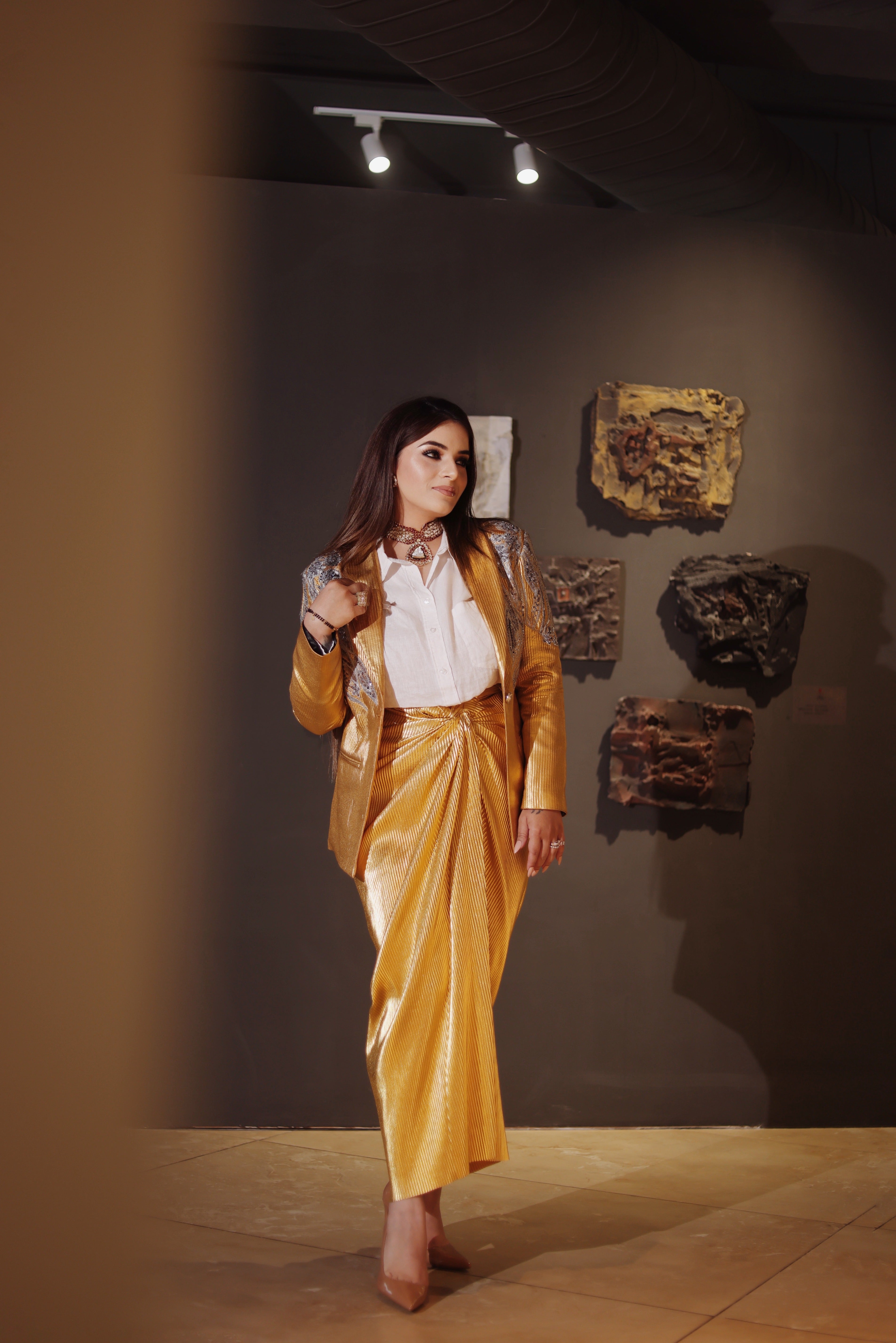 Metallic drape leather skirt in Gold lust