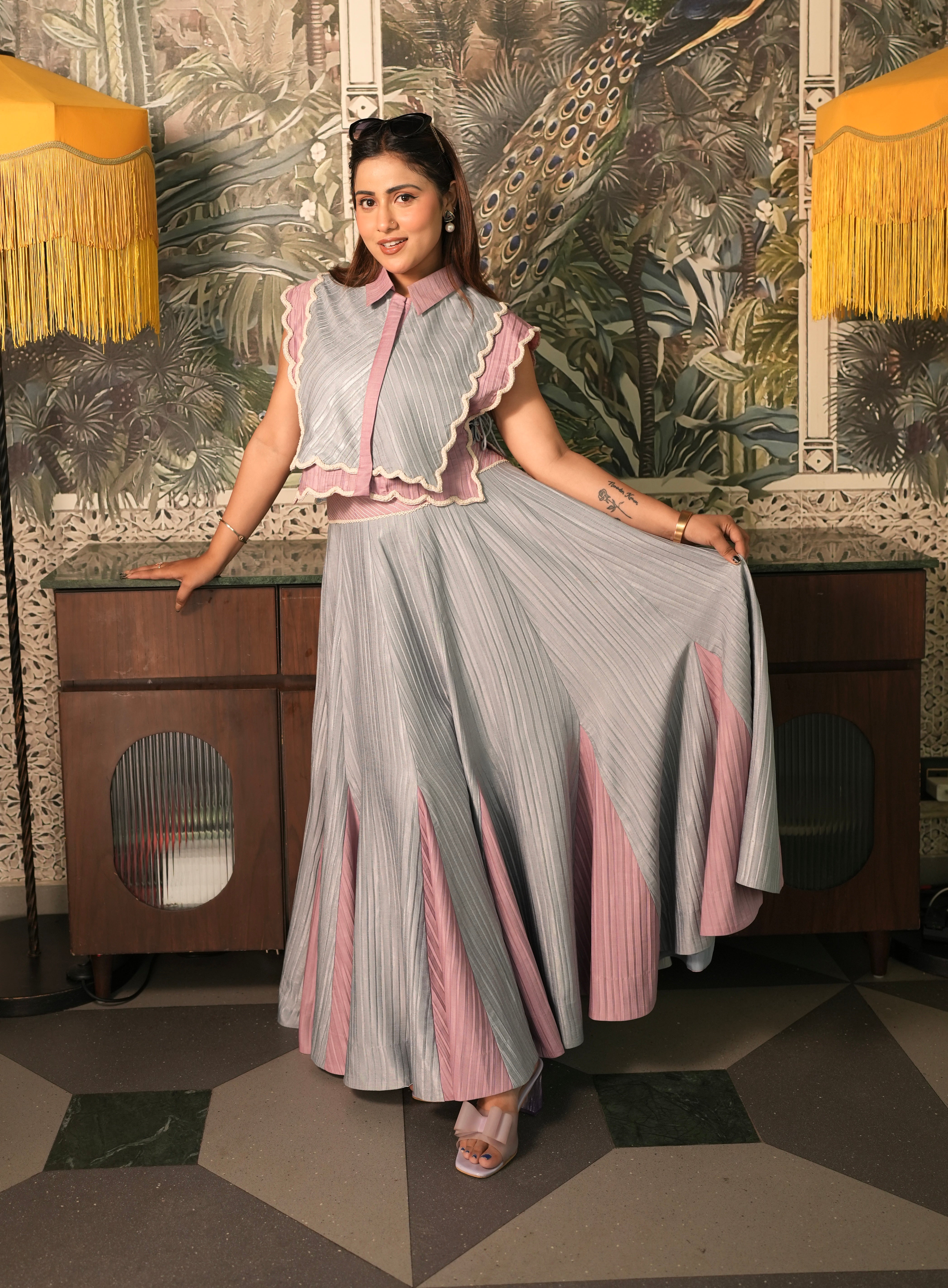 Blush Breeze Skirt Set in Grey and Pink