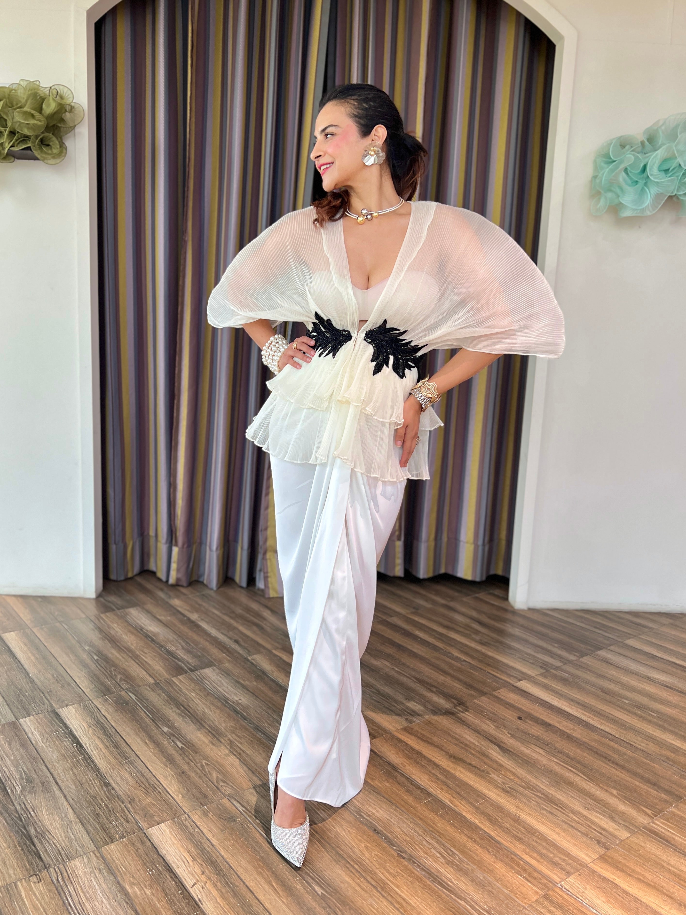 Ivory embroidered layered skirt set