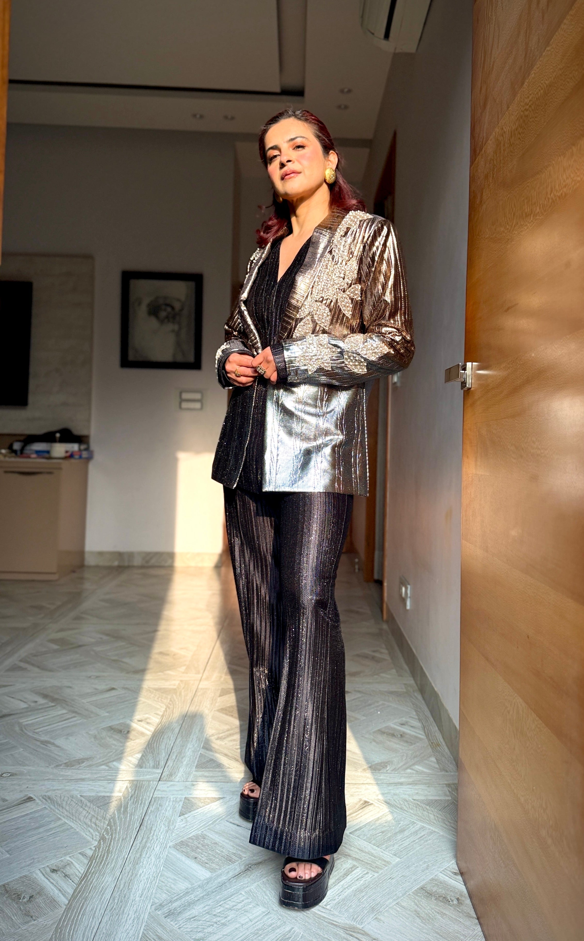 Argent Ember Power Blazer Pants set in Copper silver and black