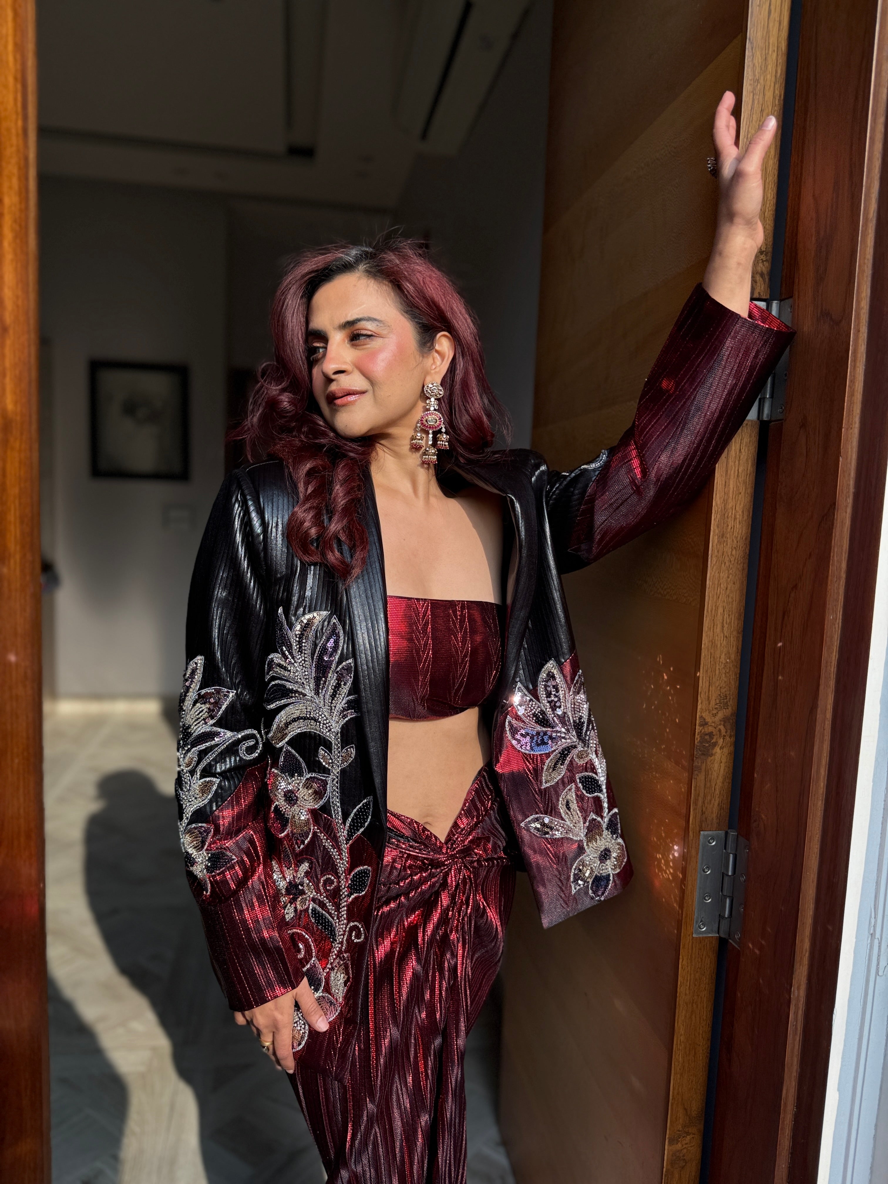 red and black foil half and half power blazer with dhoti and tube