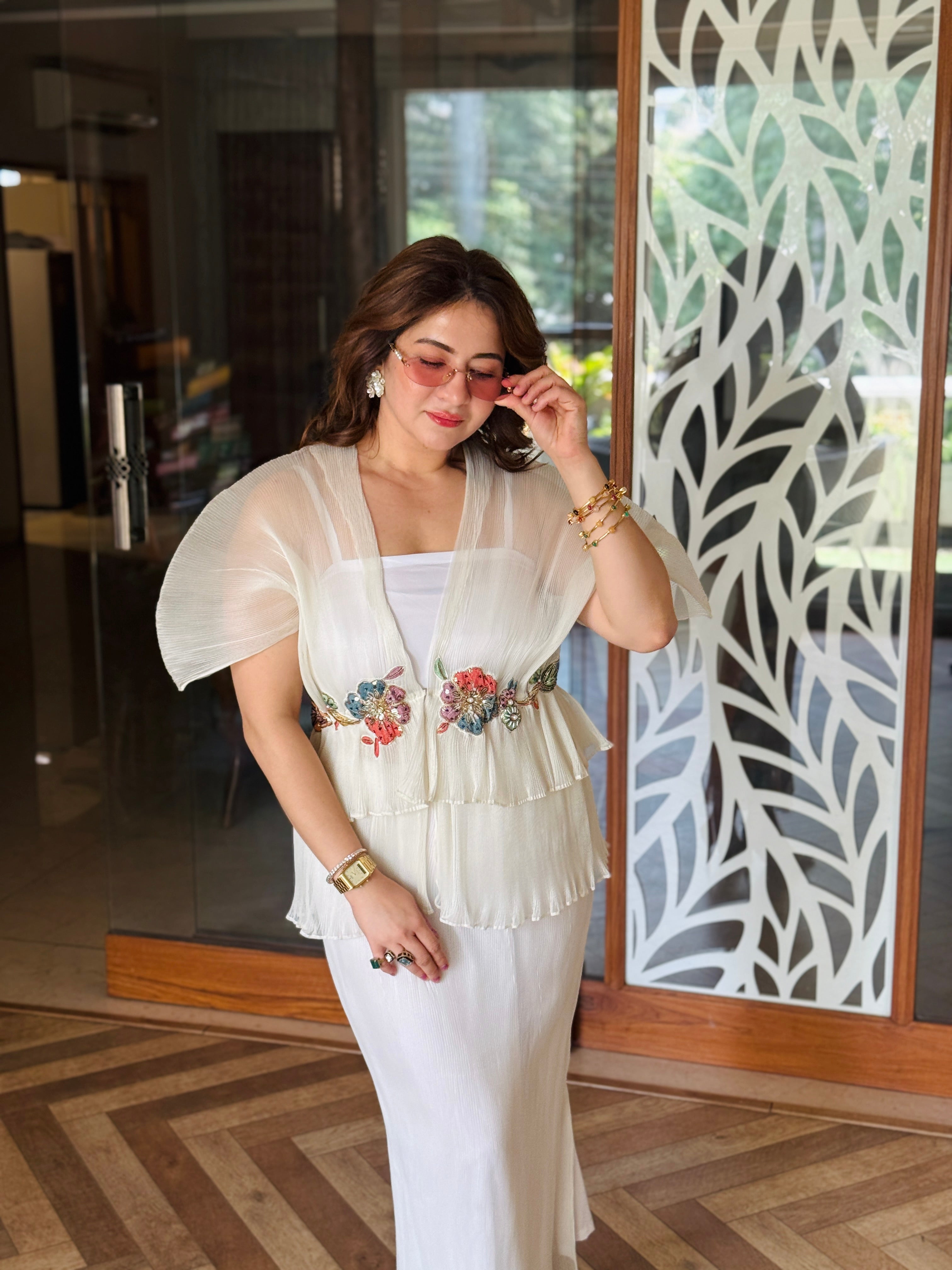 Embroidered Moon Top in ivory with skirt