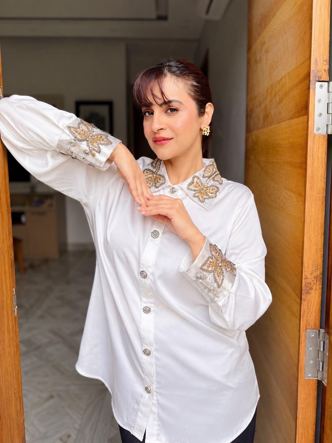 White Armani Shirt with Golden Embroidery