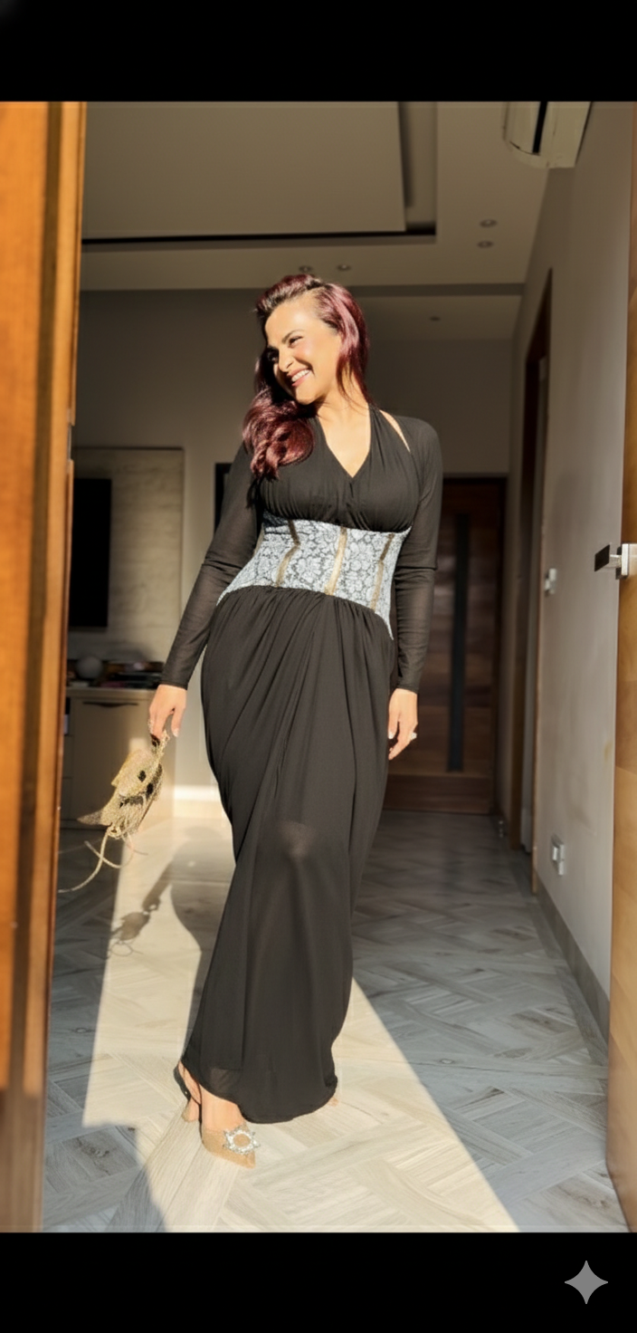 black v neck corset lycra gown with shrug