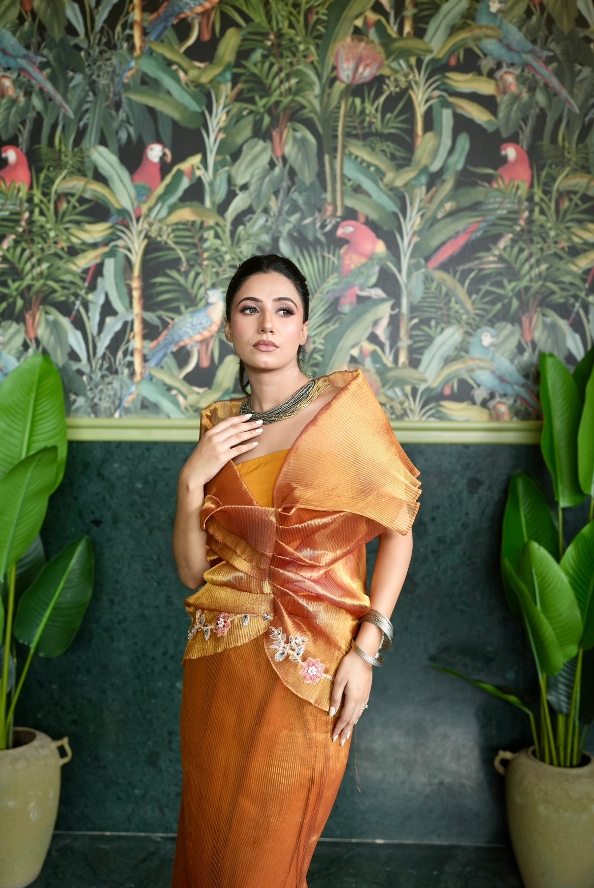 Sunset embroidered Multi drape skirt set