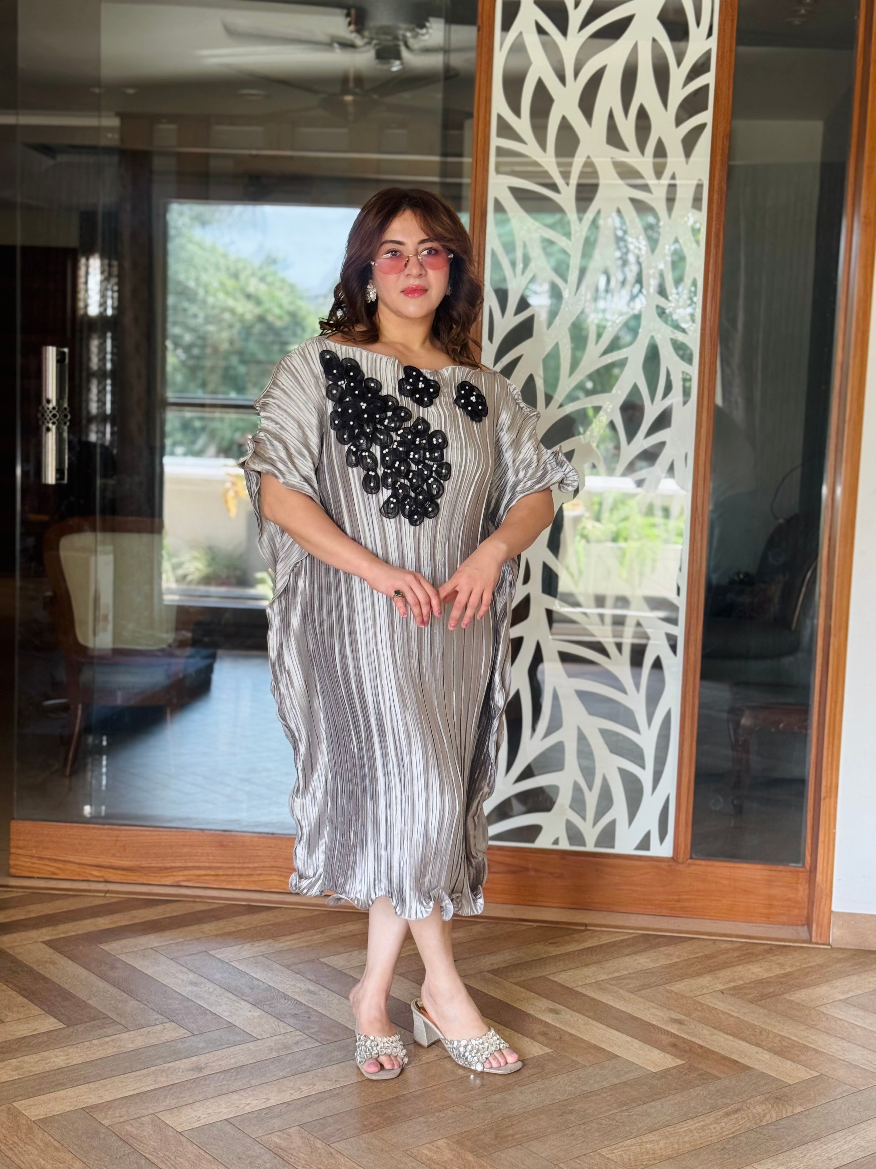 Grey Kaftan with Black Petal Embellishments