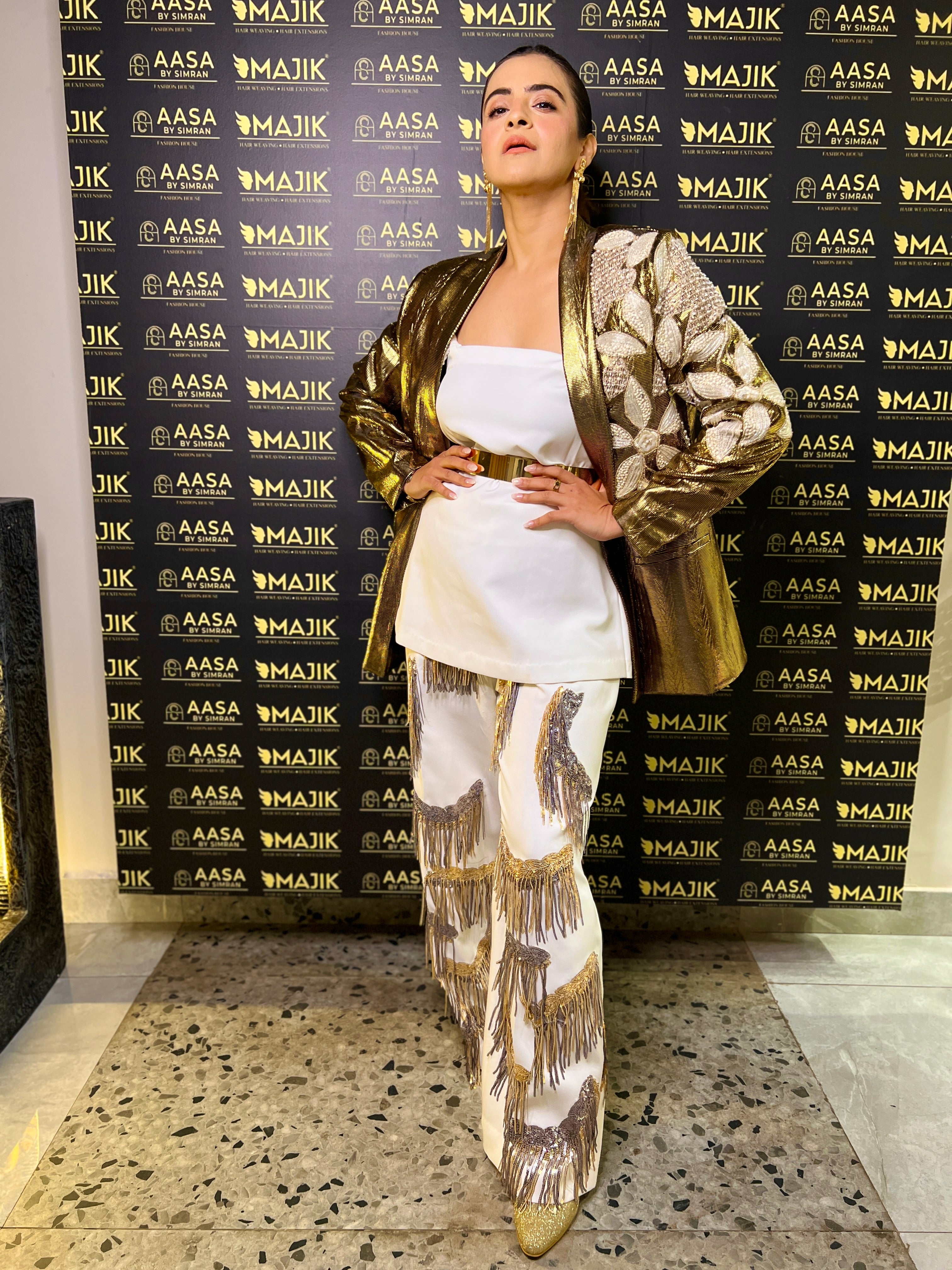 Ivory white pants with silver & gold tassels