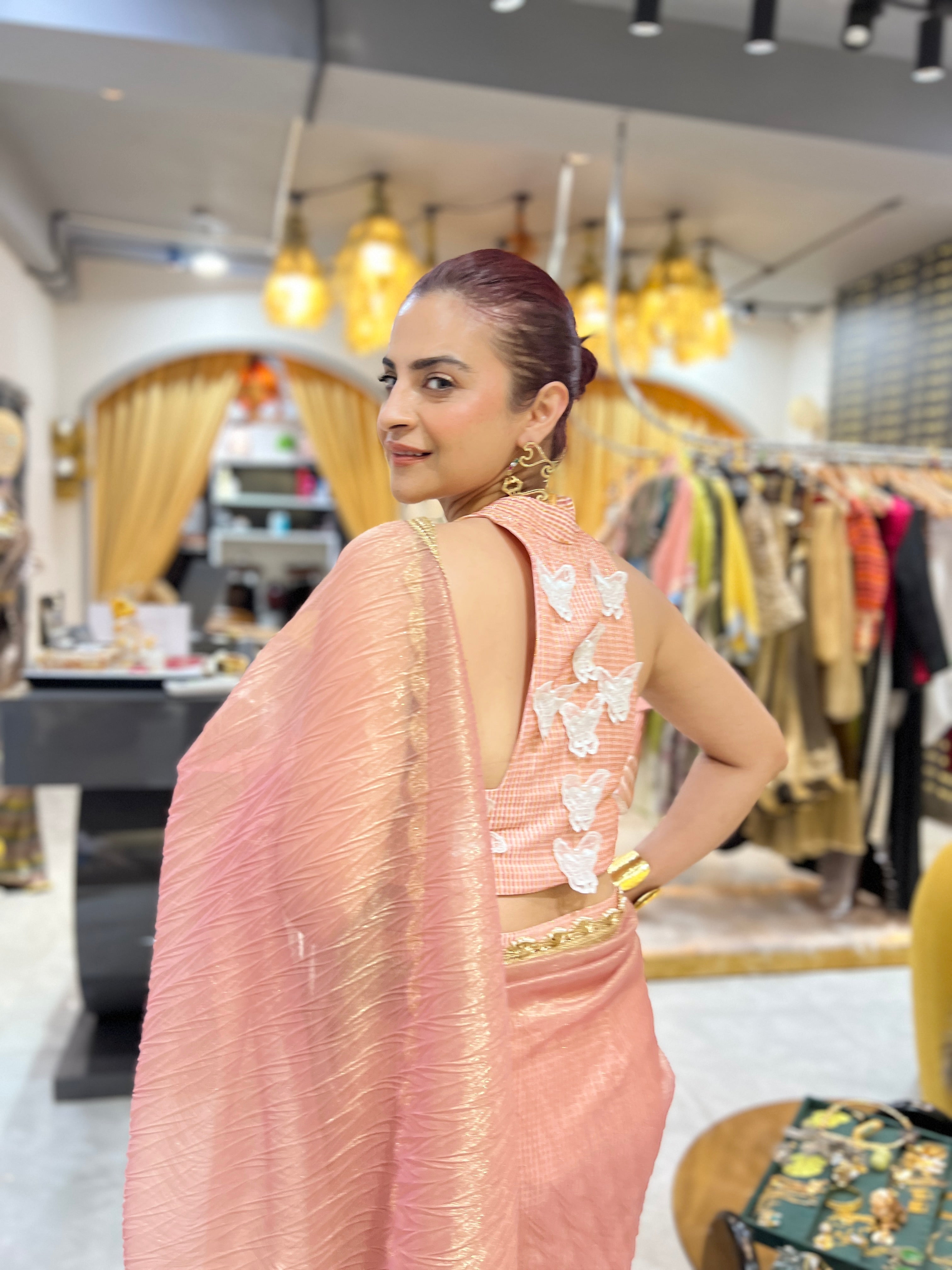 Pink Gold shimmer saree set