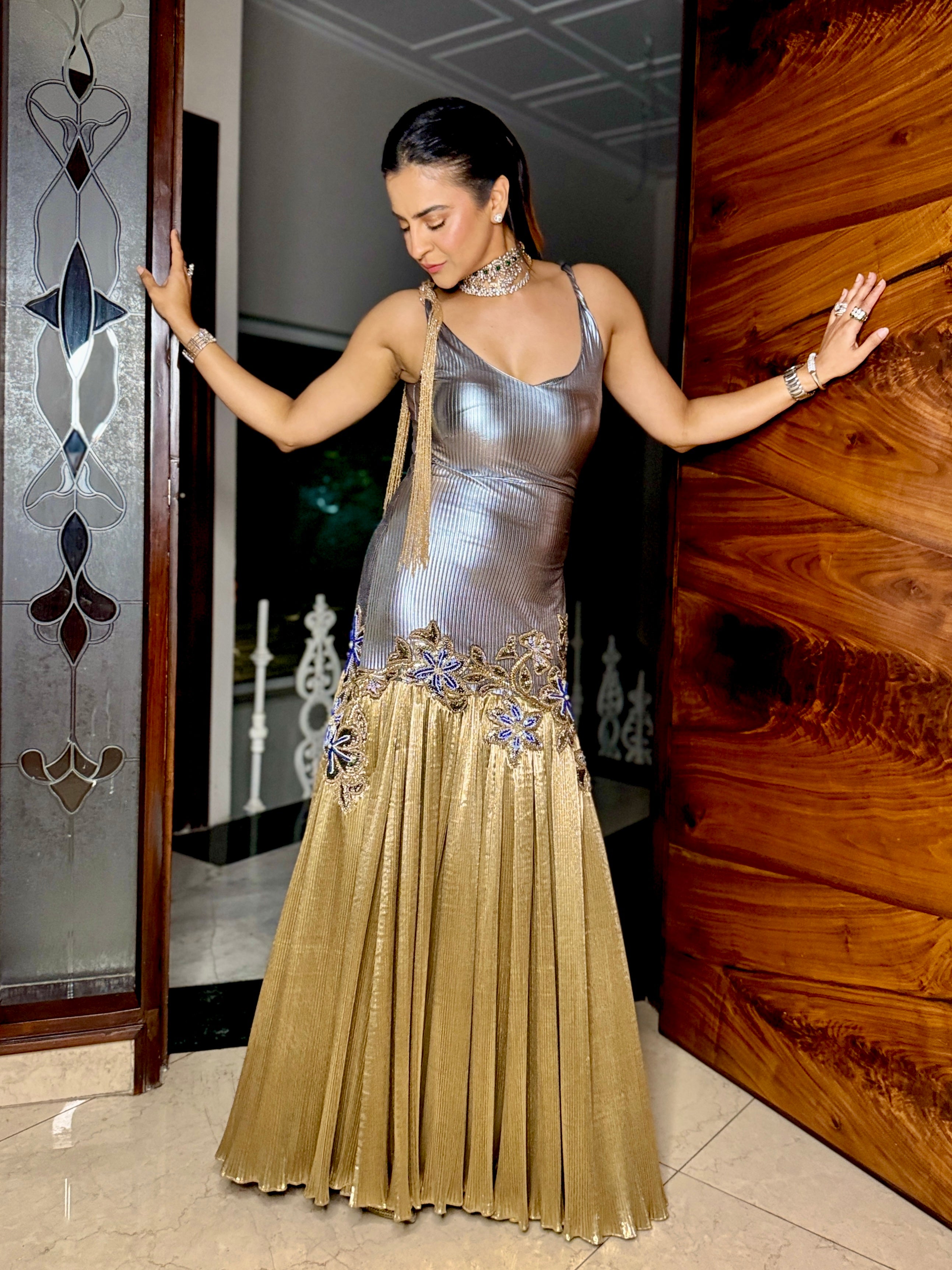 Silver-gold embellished shimmer flare cocktail gown