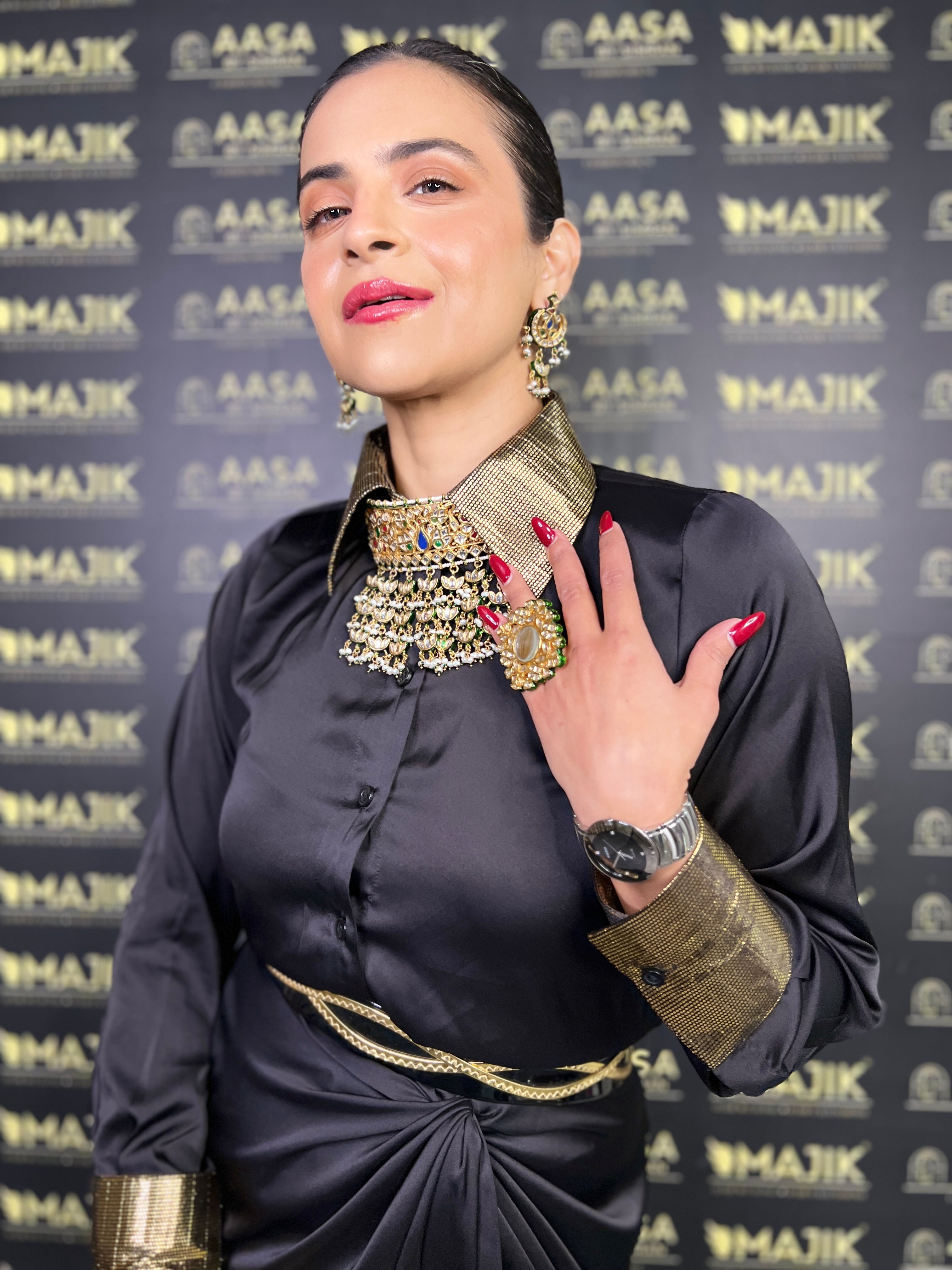 Black satin shirt & drape skirt set