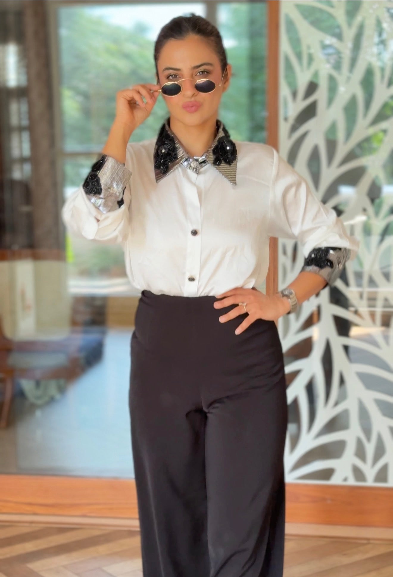 white armani shirt with silver foil emb