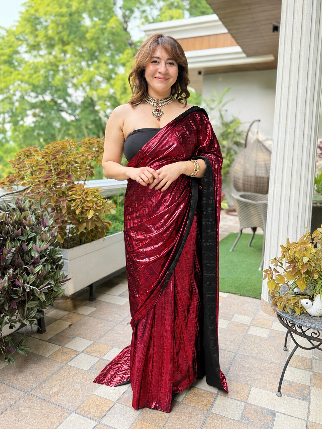 Venetian Red pre-draped saree set