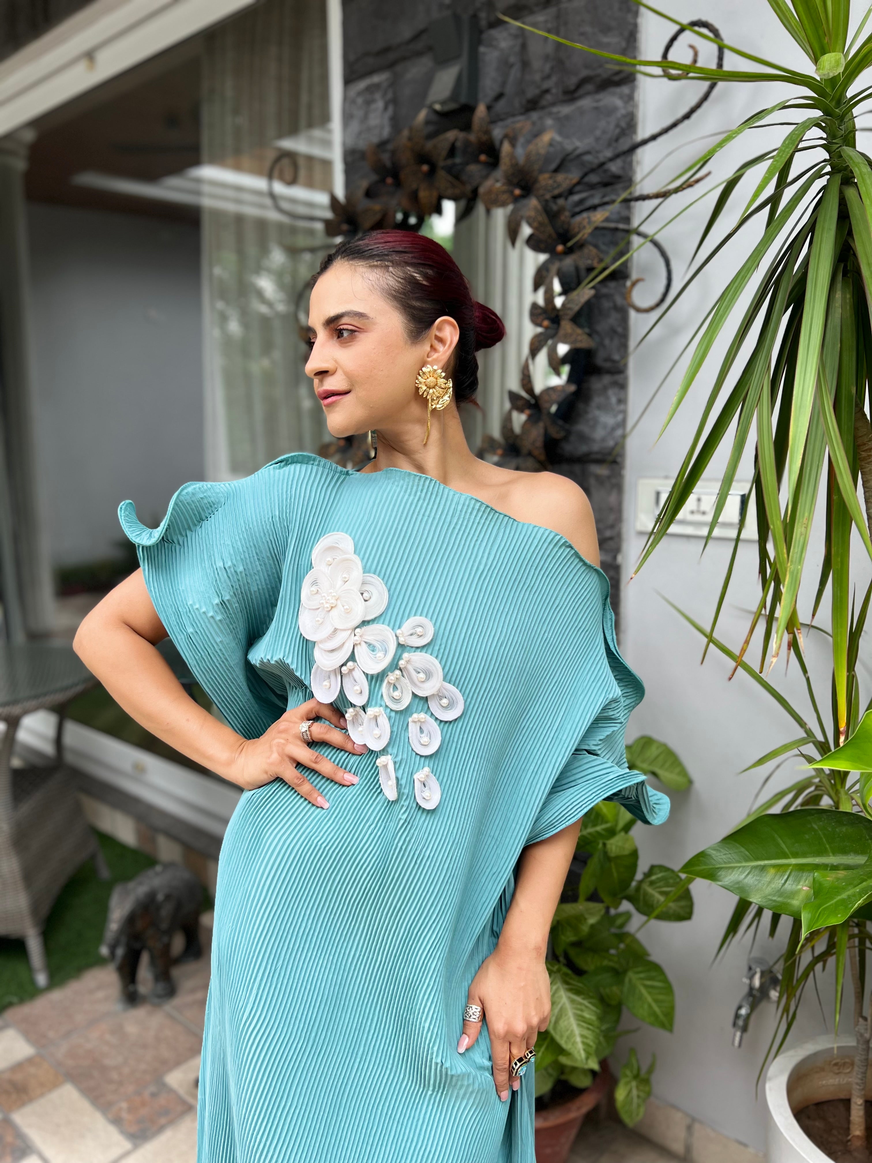 Kaftan dress with embroidery in Dusty Cyan