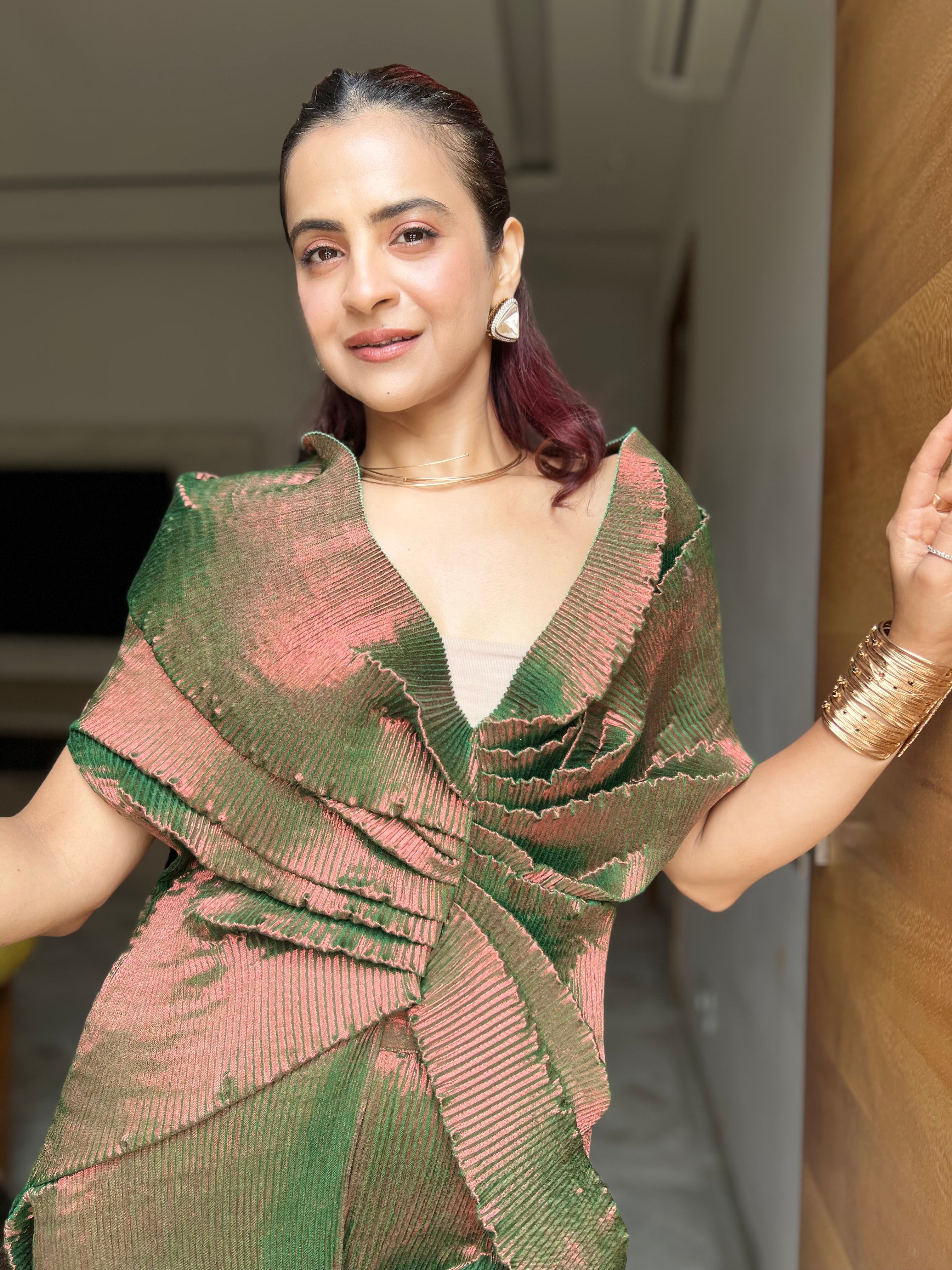 Shimmer Multi Drape Top & High-Low Skirt Set in Green Rosewood