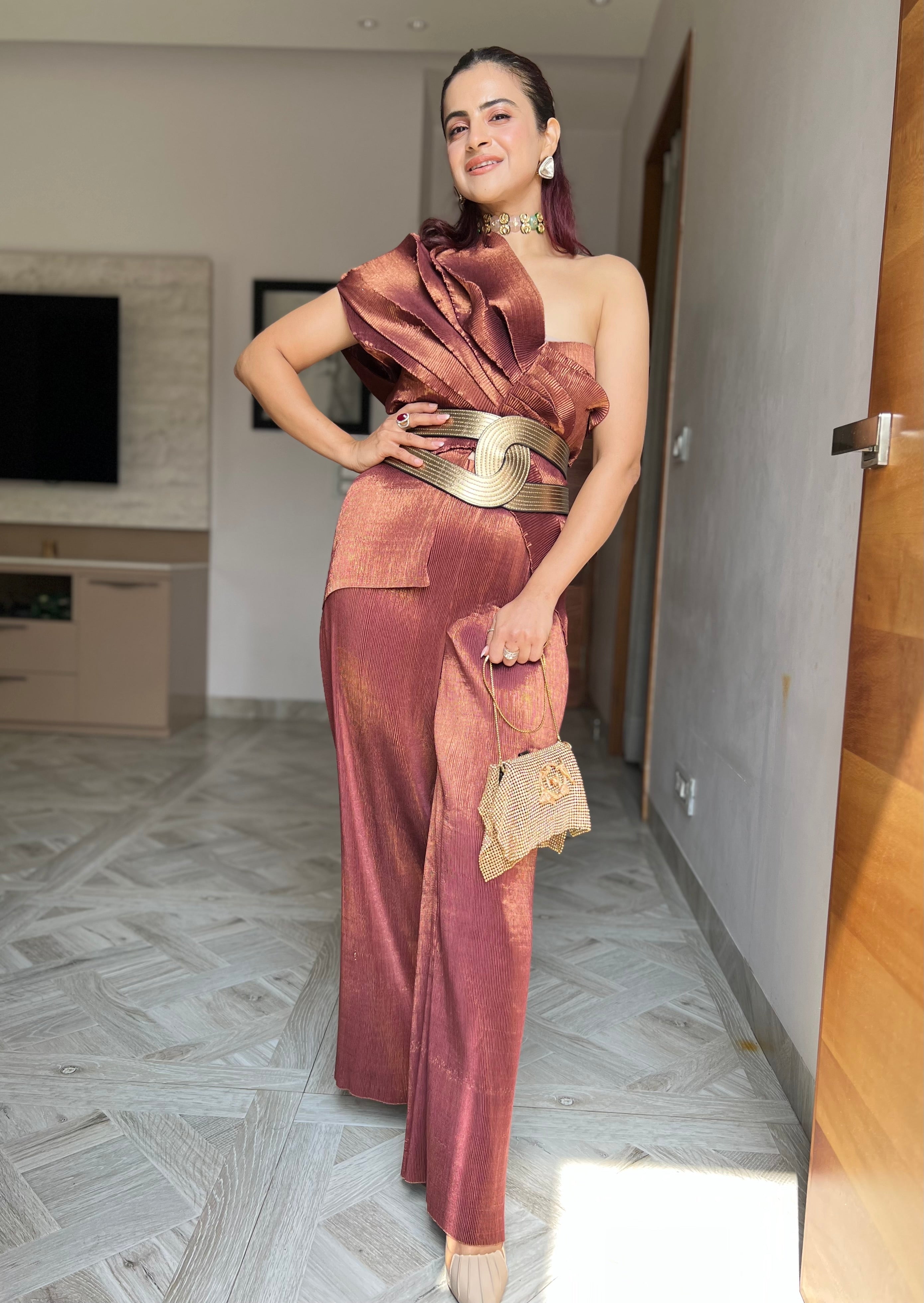 Shimmer Multi Drape Co-ord Set in Cinnamon Shine