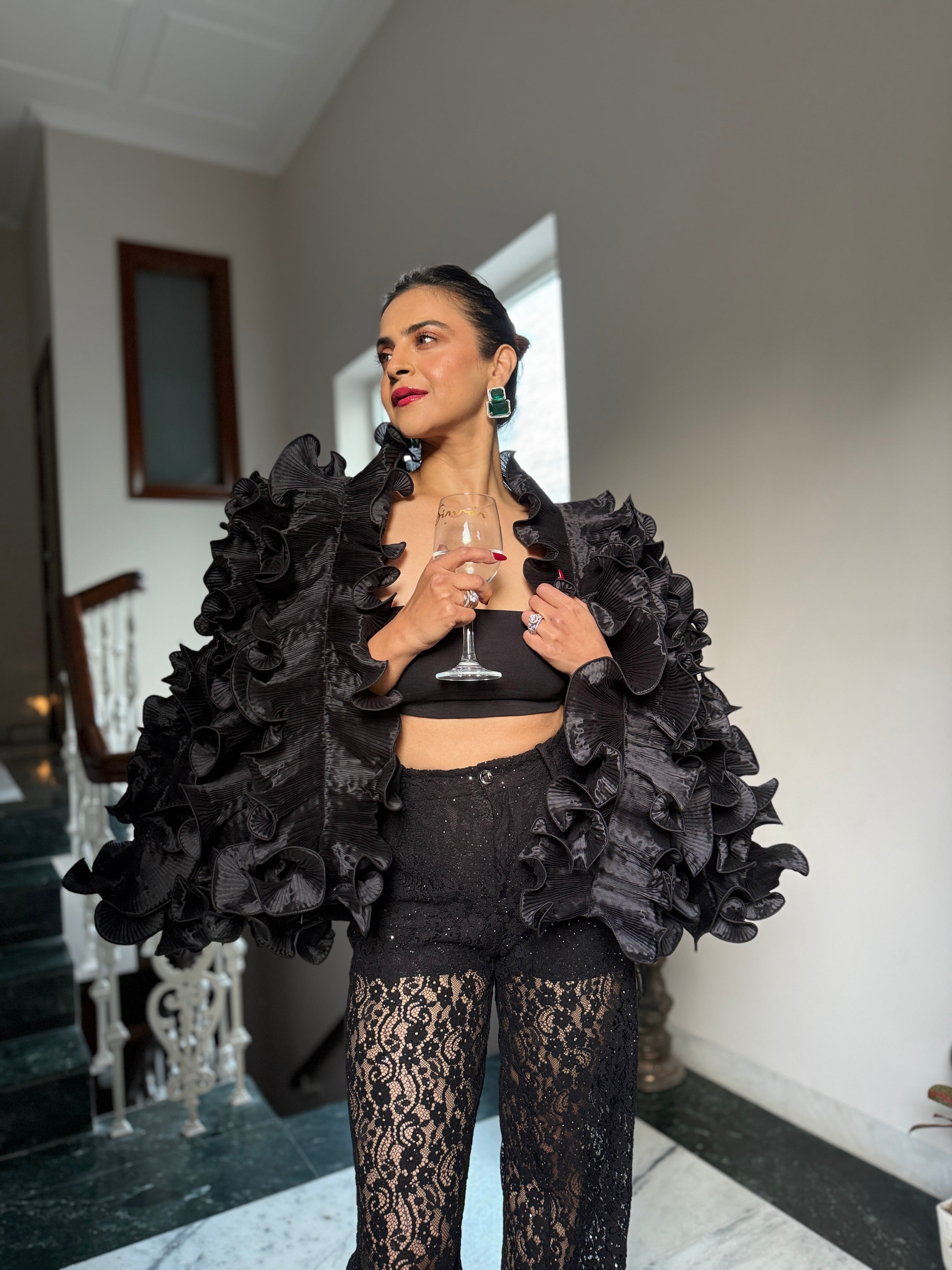 Black silk ruffle cape