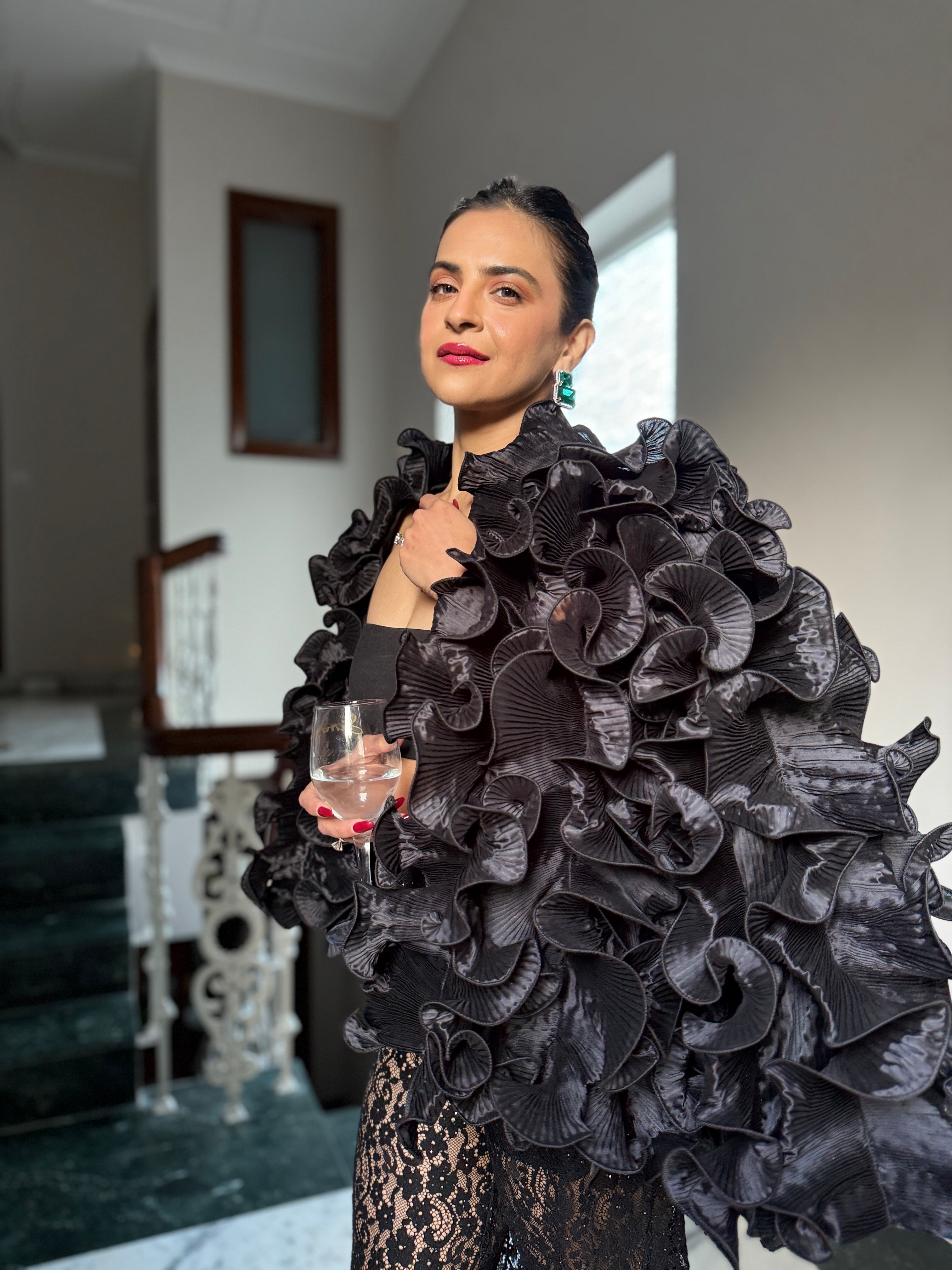 Black silk ruffle cape