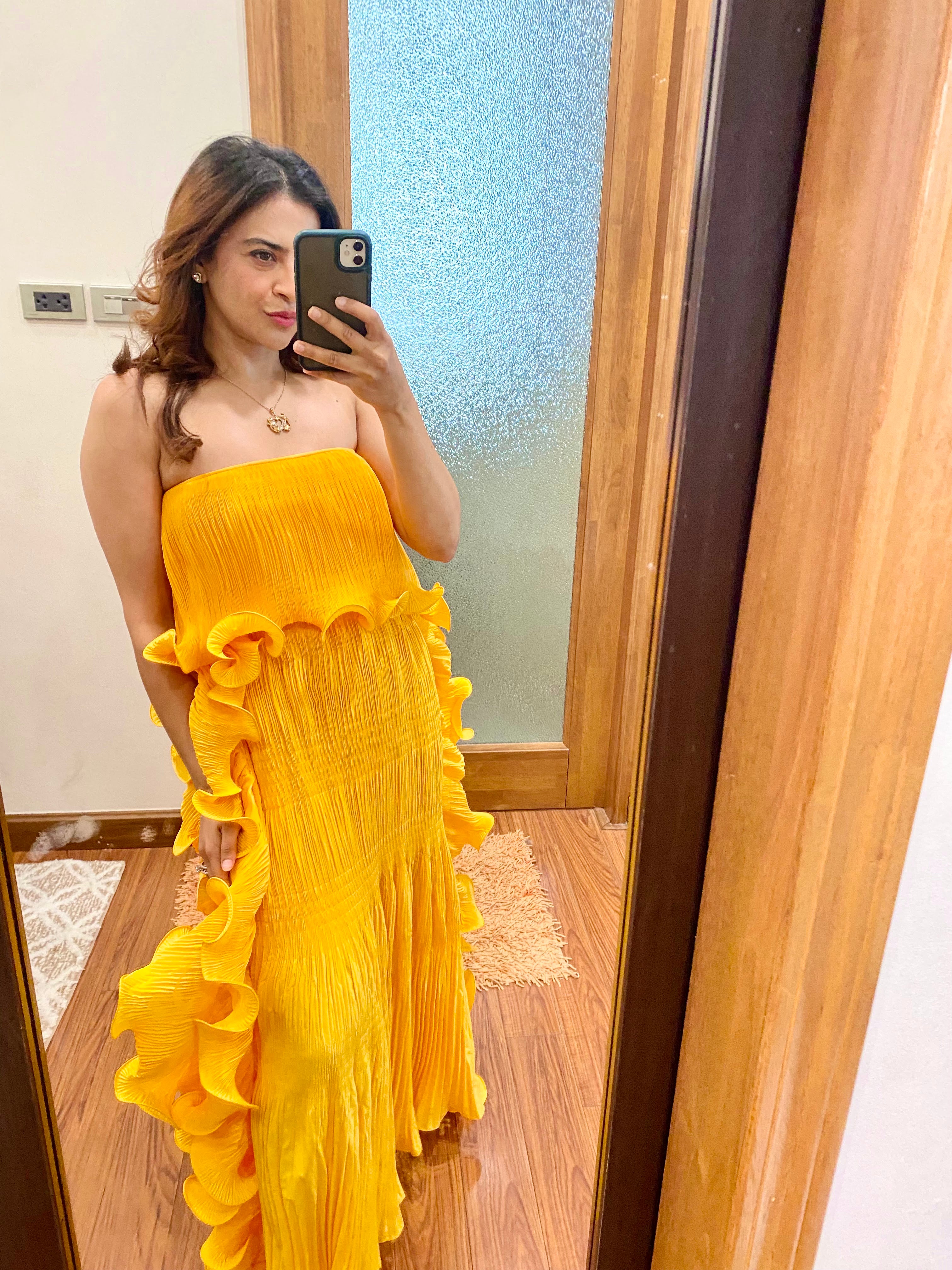 Long tube ruffle Dresses in Saffron Gold