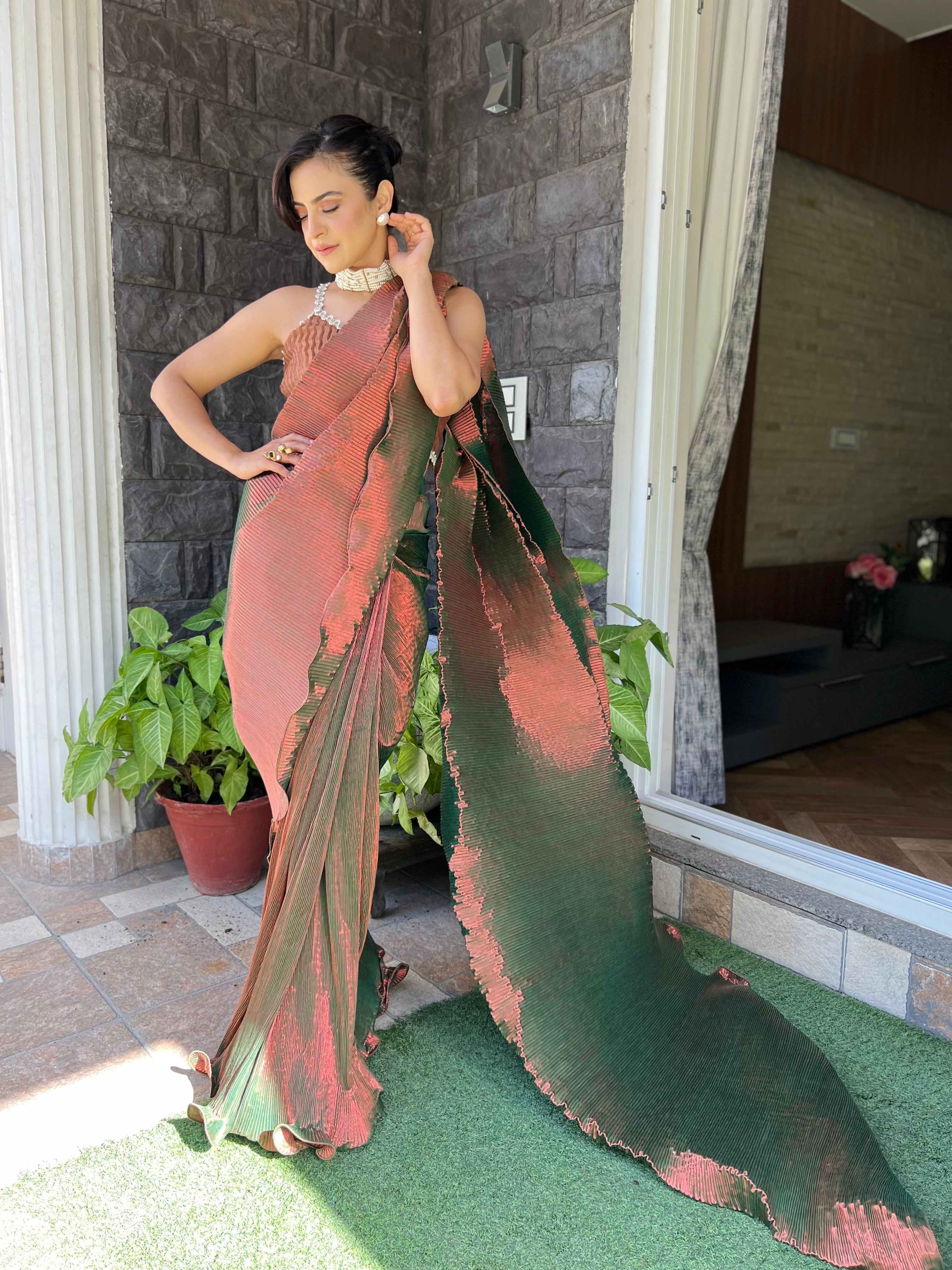 Pre-stitched saree with strappy blouse in Green Rosewood