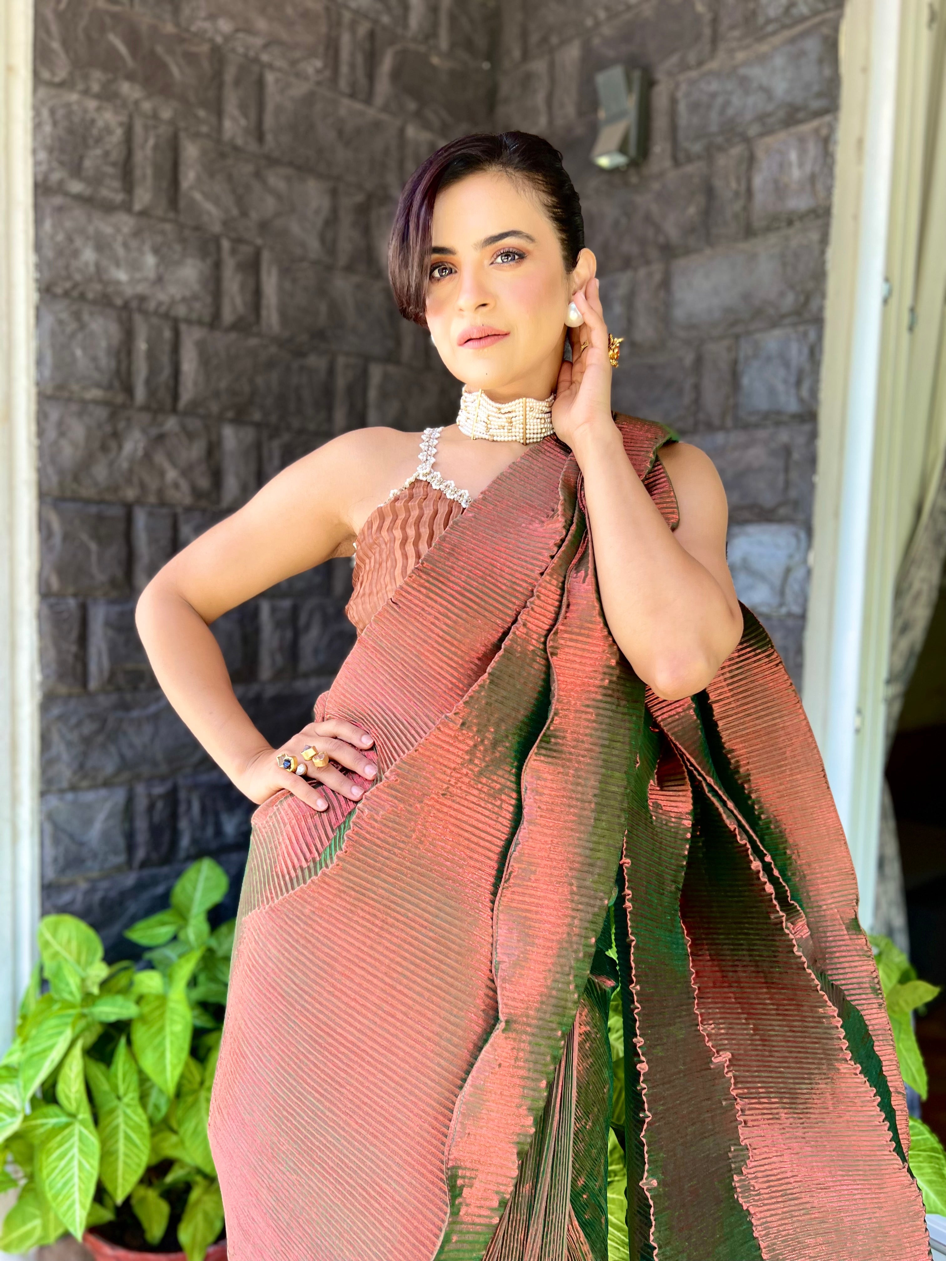 Pre-stitched saree with strappy blouse in Green Rosewood