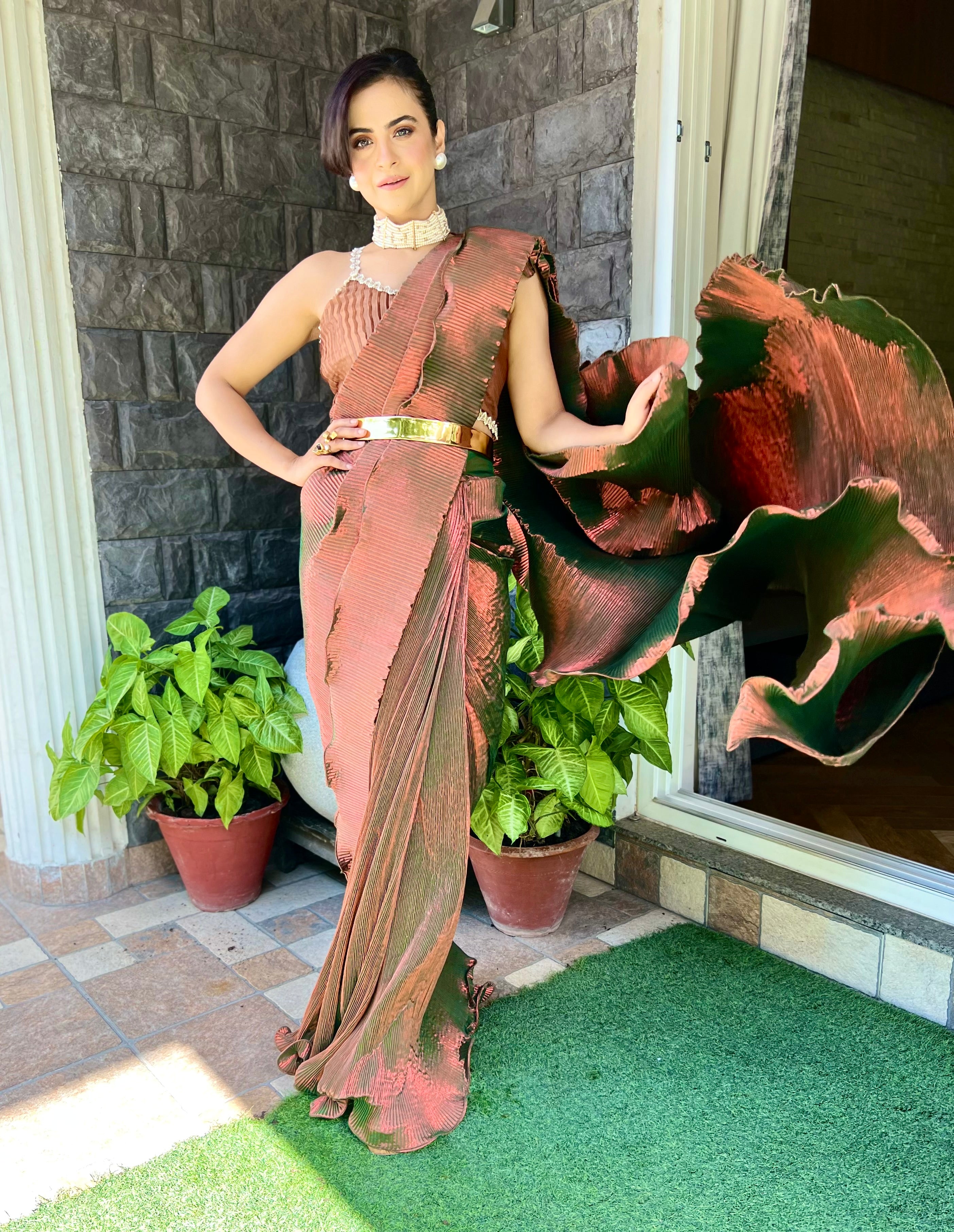 Pre-stitched saree with strappy blouse in Green Rosewood