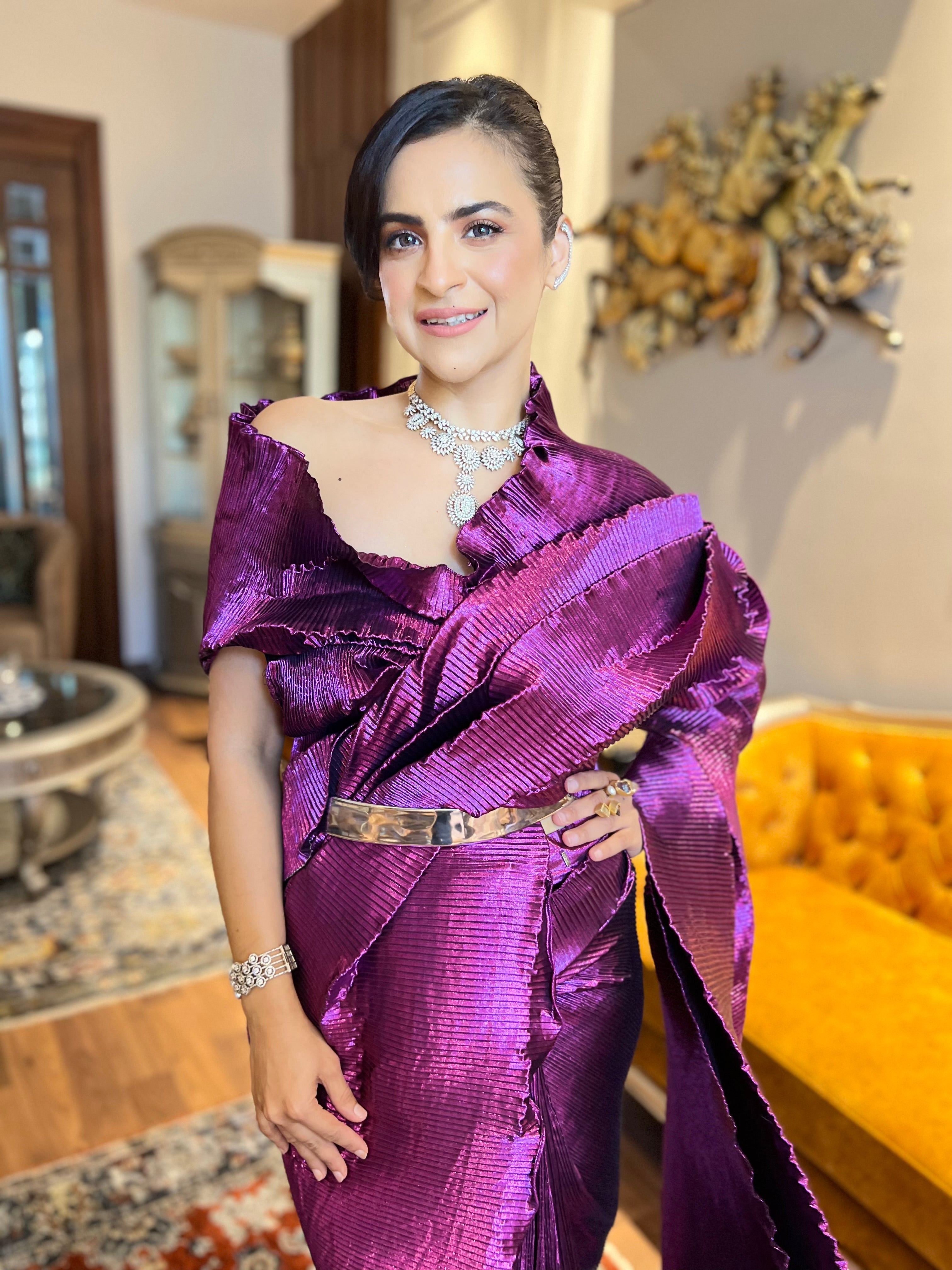 Pre-stitched saree with multi drape top in Viva Magenta