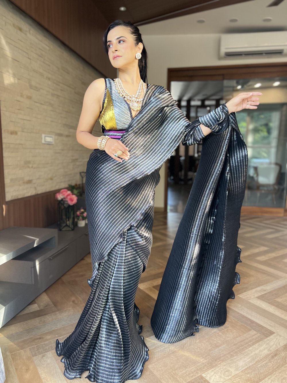Pre-stitched saree with strappy blouse in Midnight Lustre