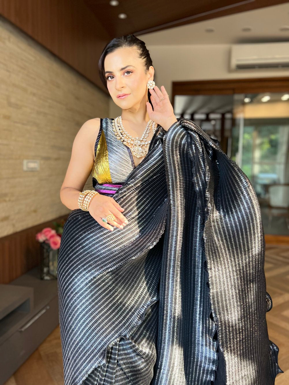 Pre-stitched saree with strappy blouse in Midnight Lustre