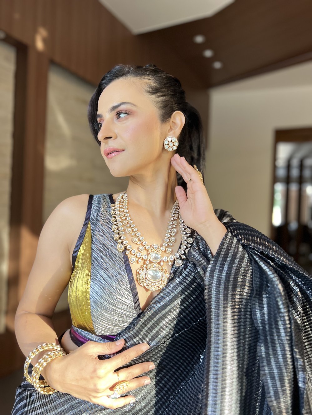 Pre-stitched saree with strappy blouse in Midnight Lustre