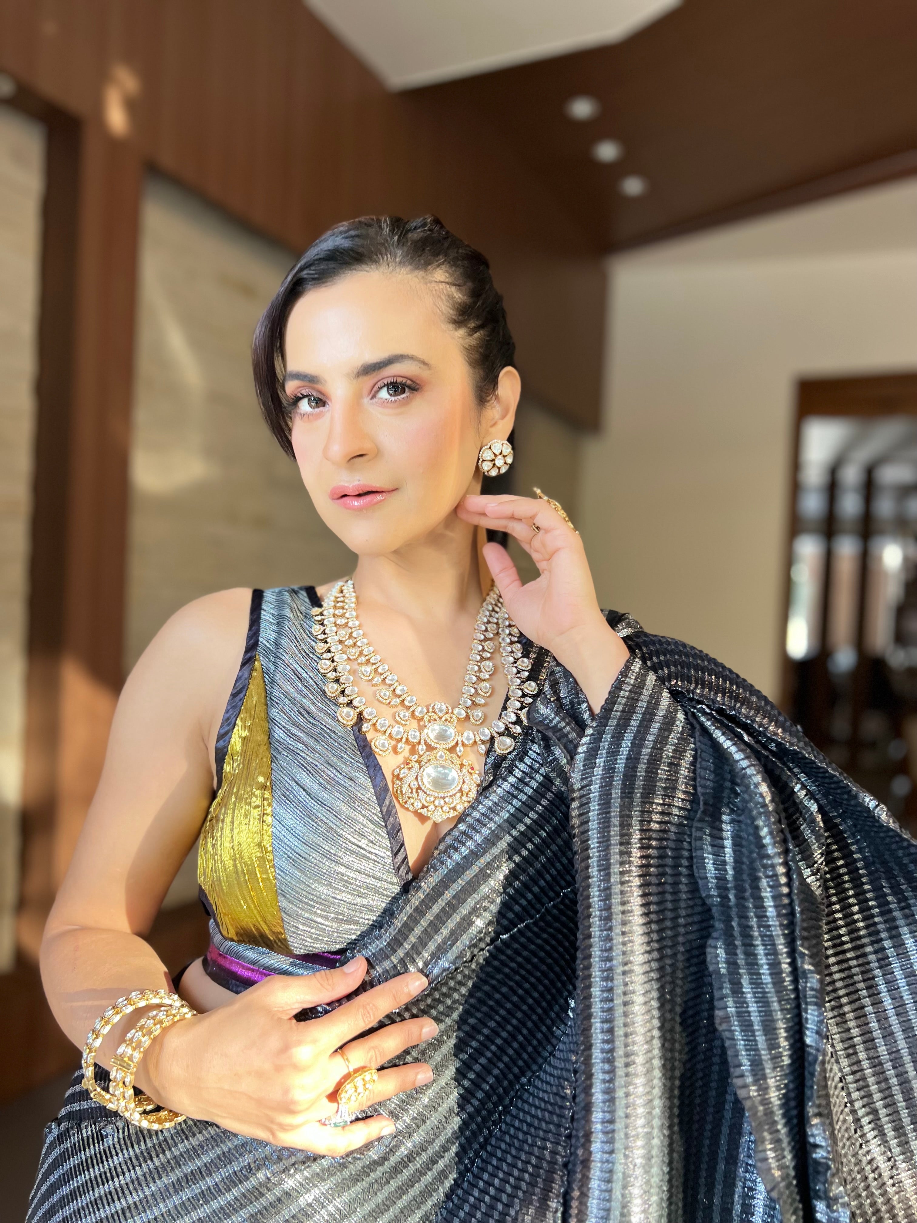 Pre-stitched saree with strappy blouse in Midnight Lustre
