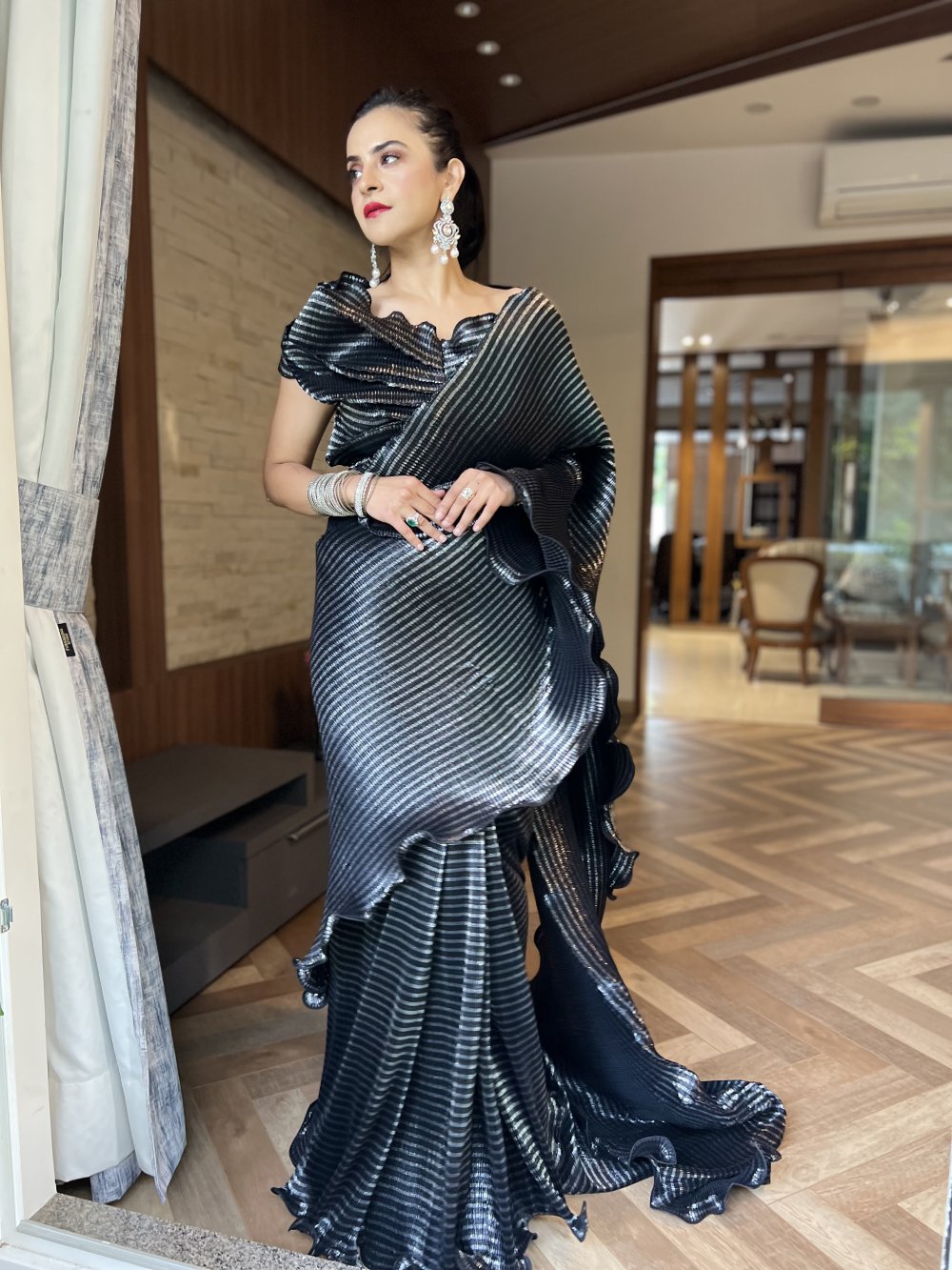 Pre-stitched saree with multi drape top in Midnight Lustre