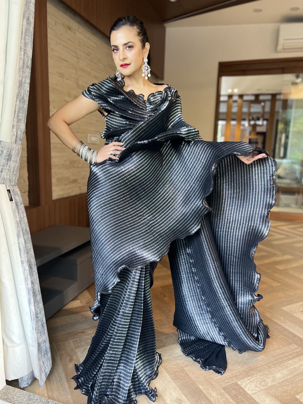 Pre-stitched saree with multi drape top in Midnight Lustre