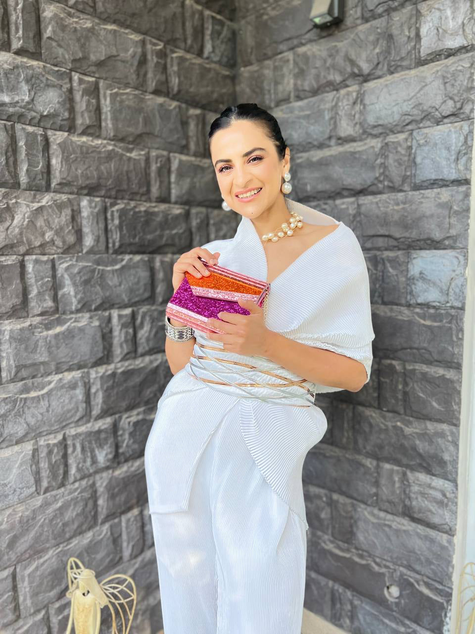 Satin Multi Drape Pant Set in Moonstone