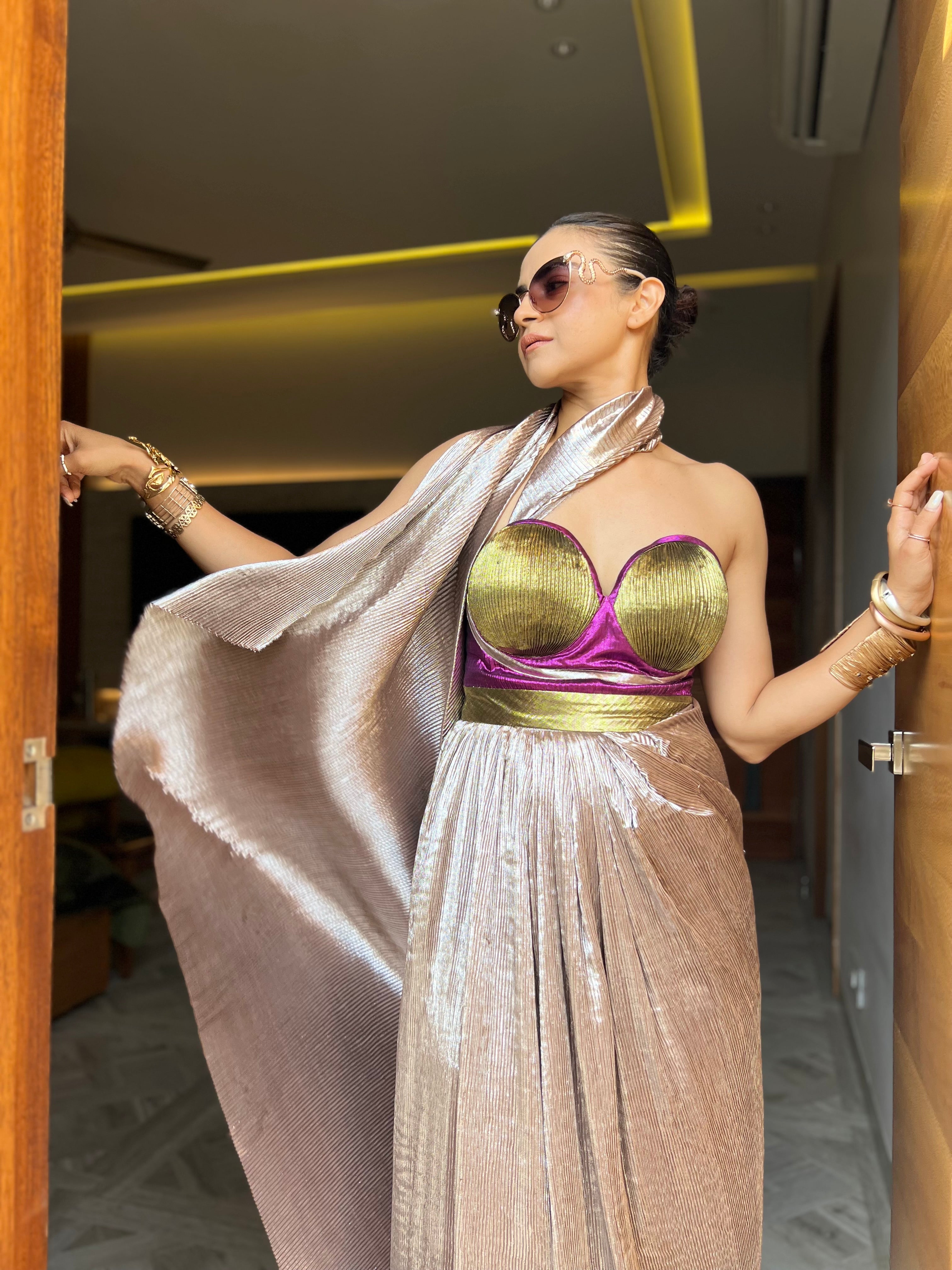 Zuri multi drape off shoulder gown in Rose Gold Shimmer