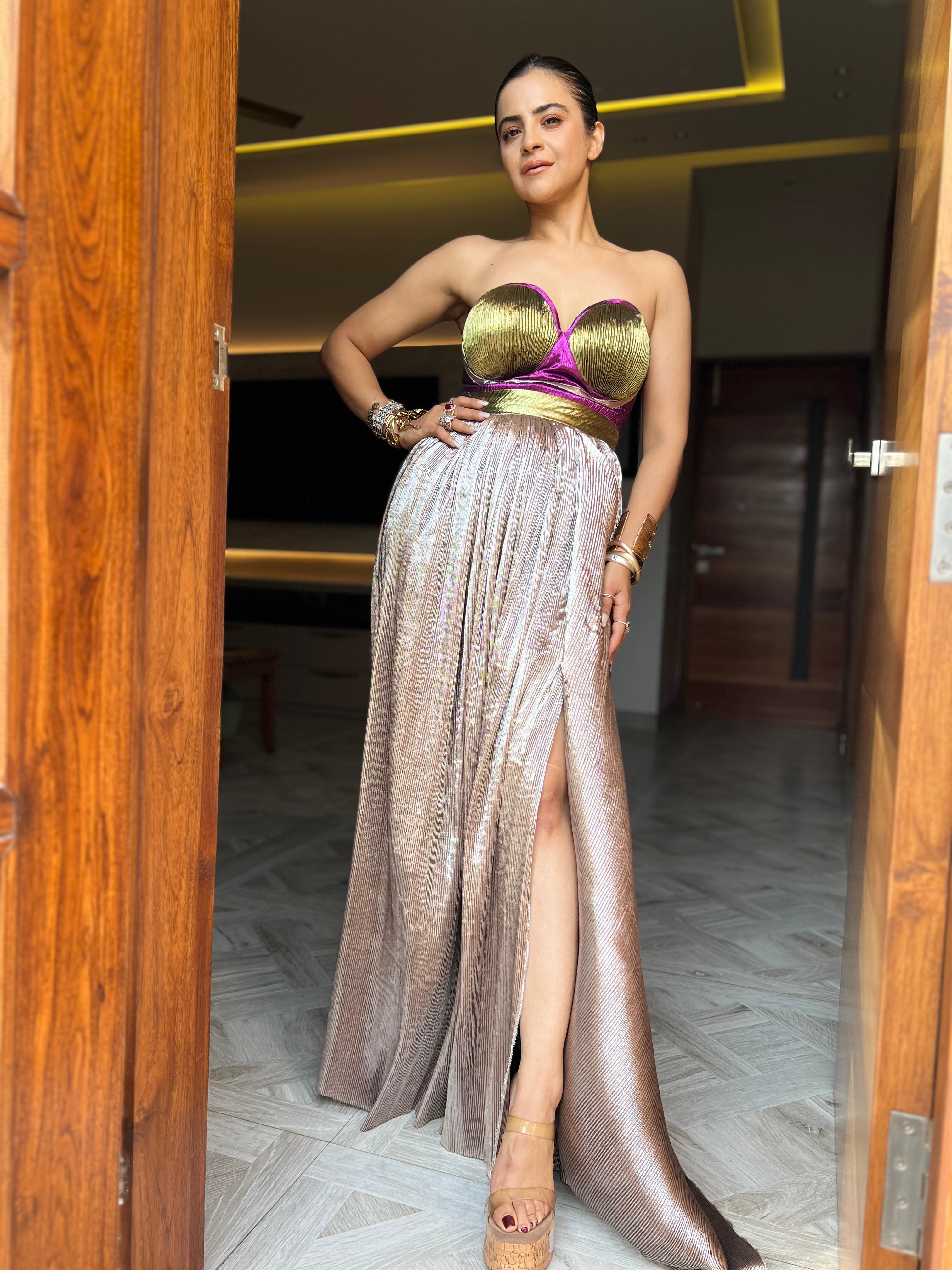 Zuri multi drape off shoulder gown in Rose Gold Shimmer