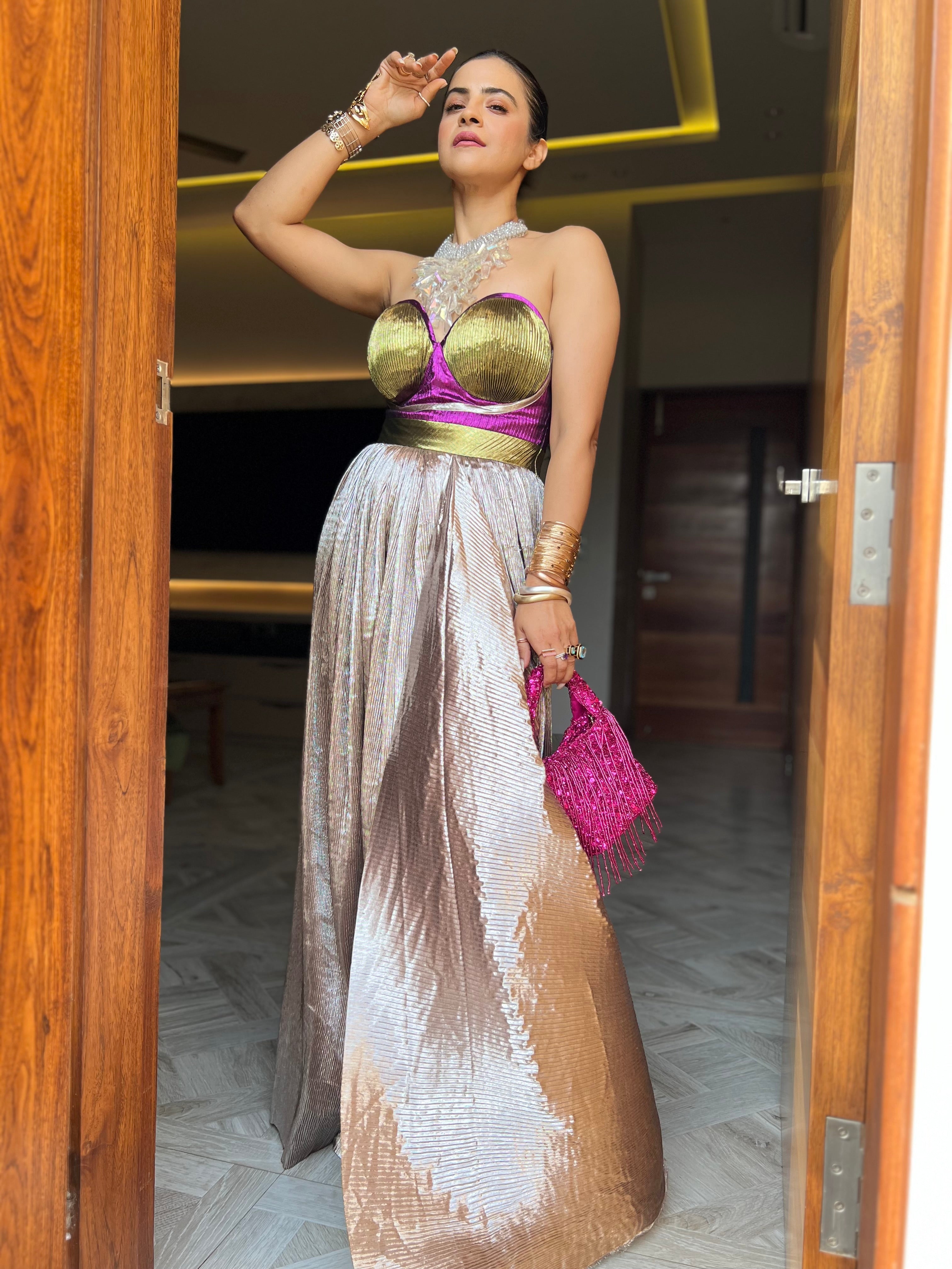 Zuri multi drape off shoulder gown in Rose Gold Shimmer