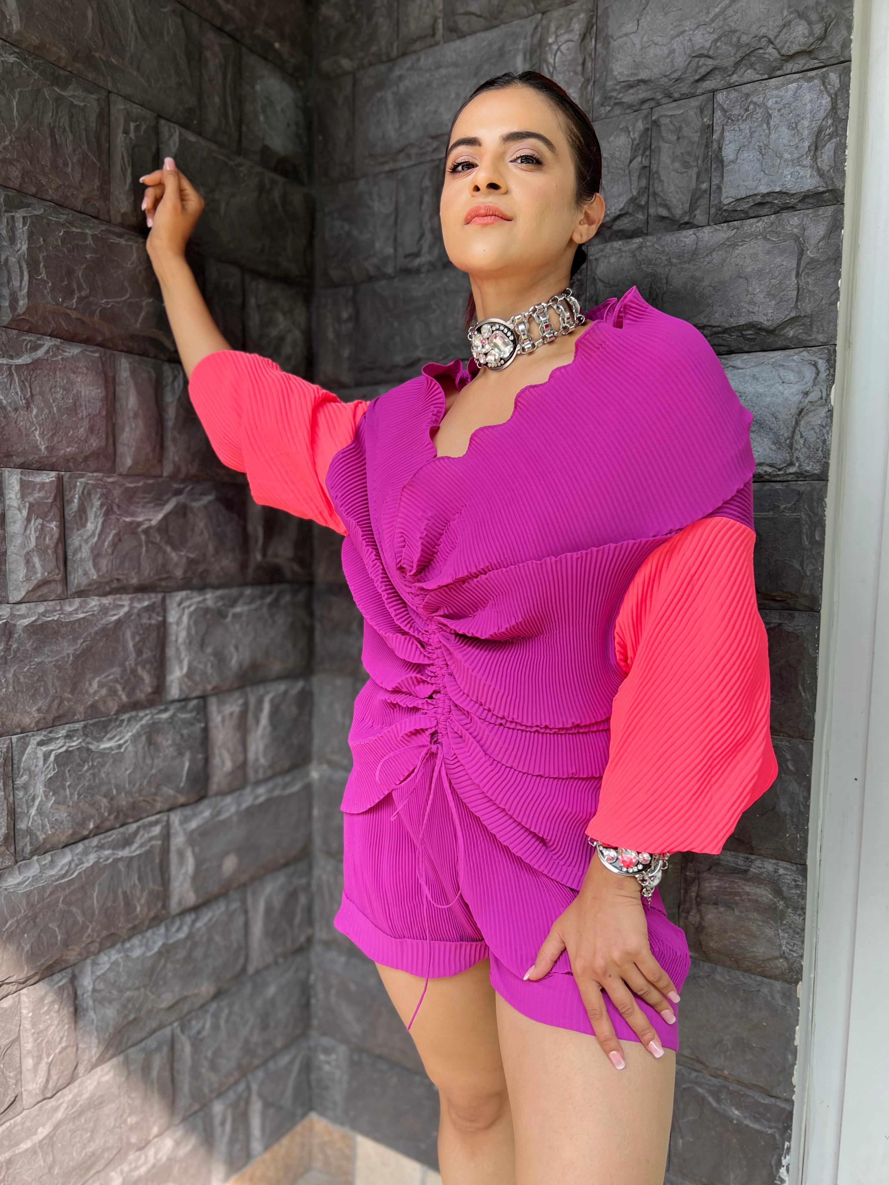Duo multi drape Co-Ord set in in Purple Impulse