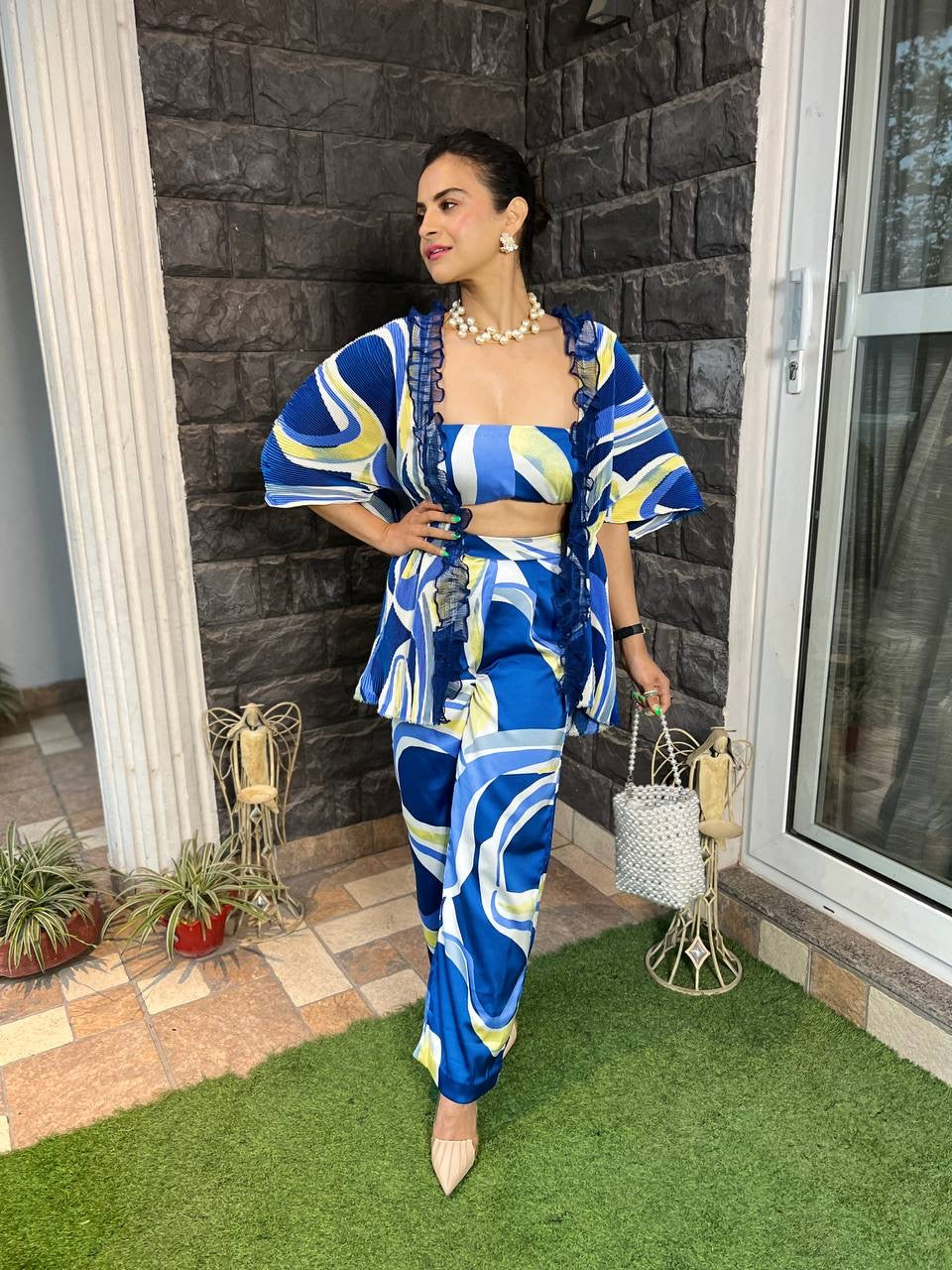 Monochrome Moon Cape Co-ord Set in Blue Marble