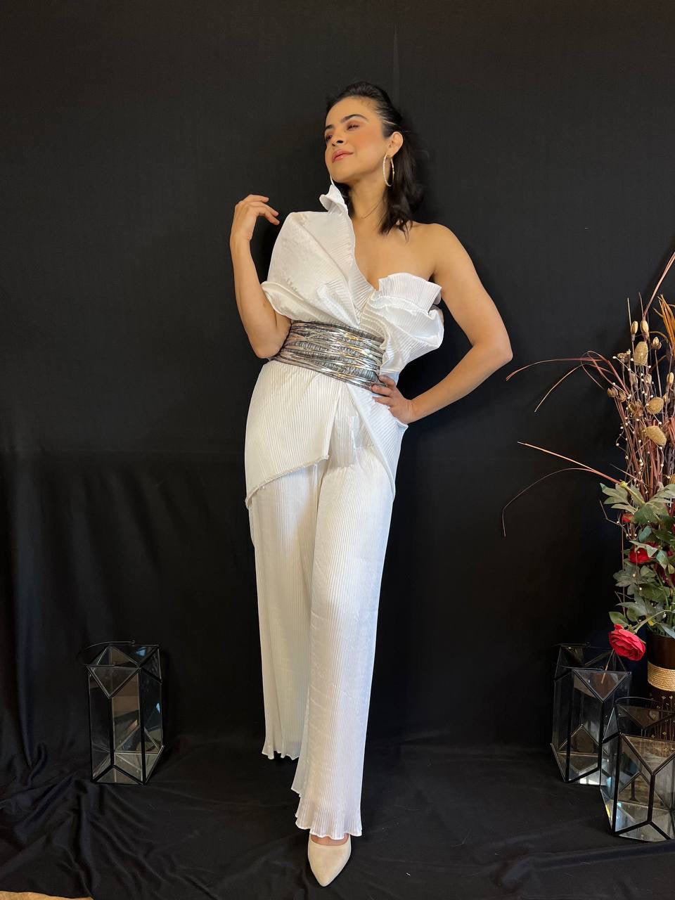 Silk Multi Drape Pant Set in White