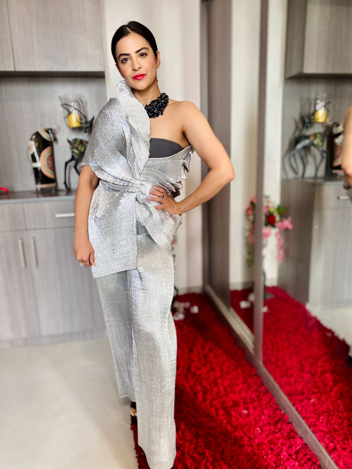 Multi Drape Pant Set in Silver