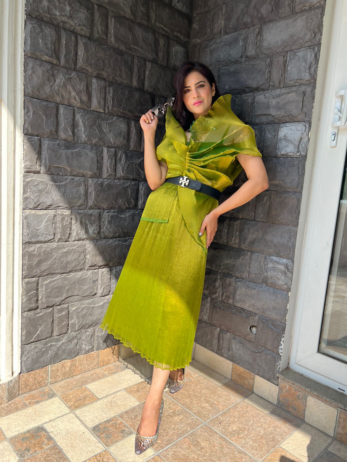 Multi Drape Long Skirt Set in Green