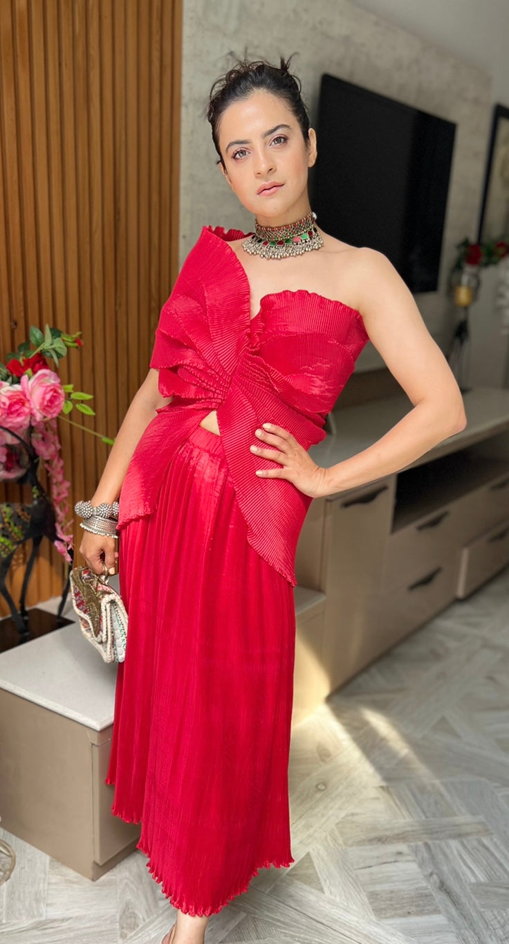 Silk Multi Drape Long Skirt Set in Red