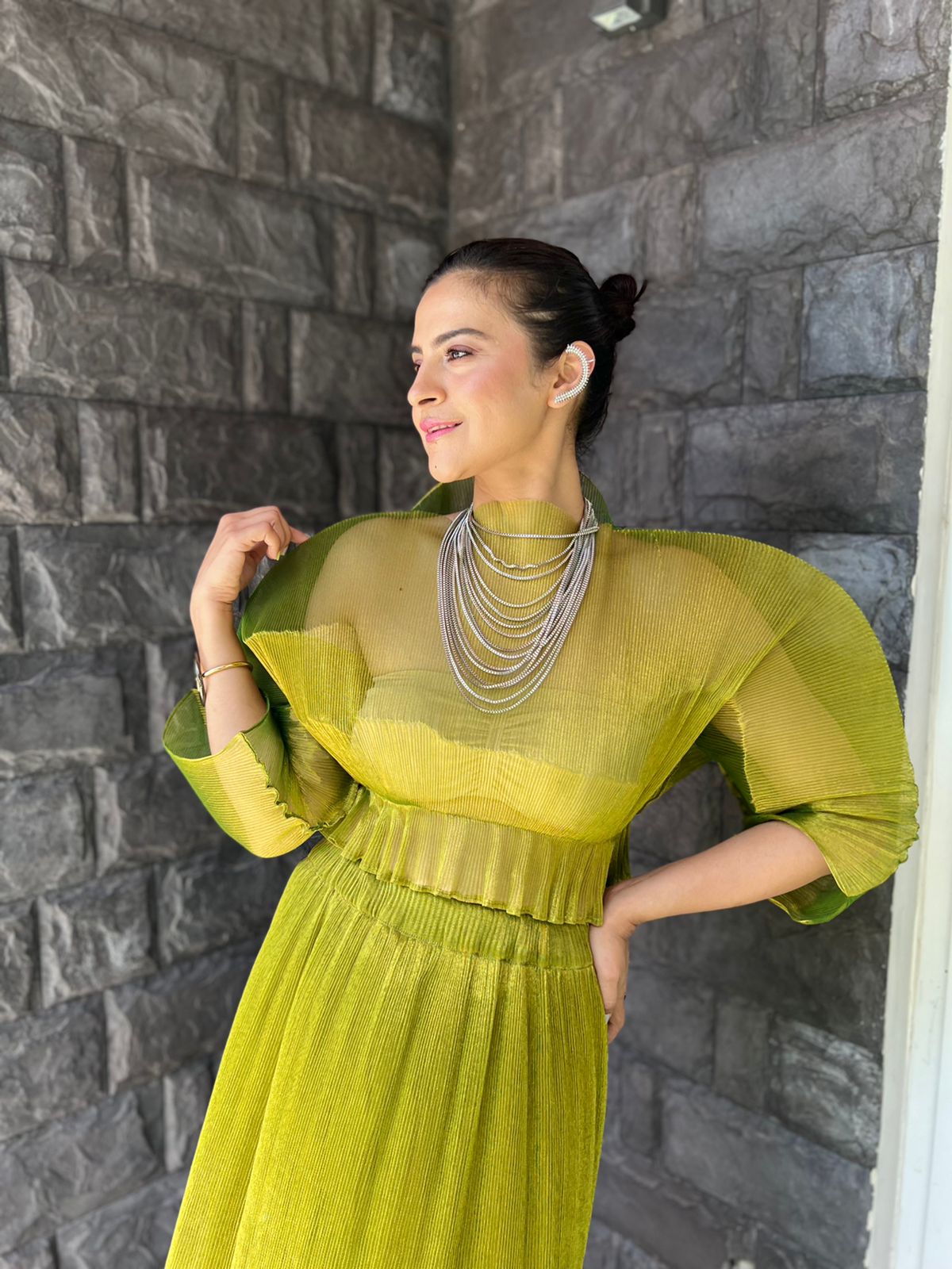 Moon Sleeve Long Skirt Set in Green