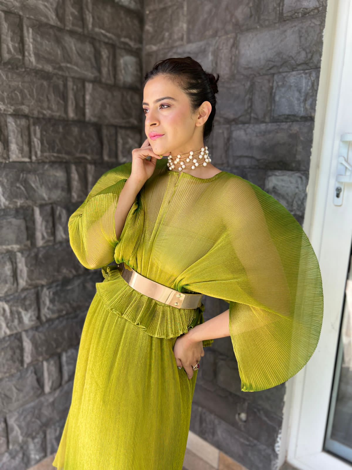 Moon Sleeve Long Skirt Set in Green