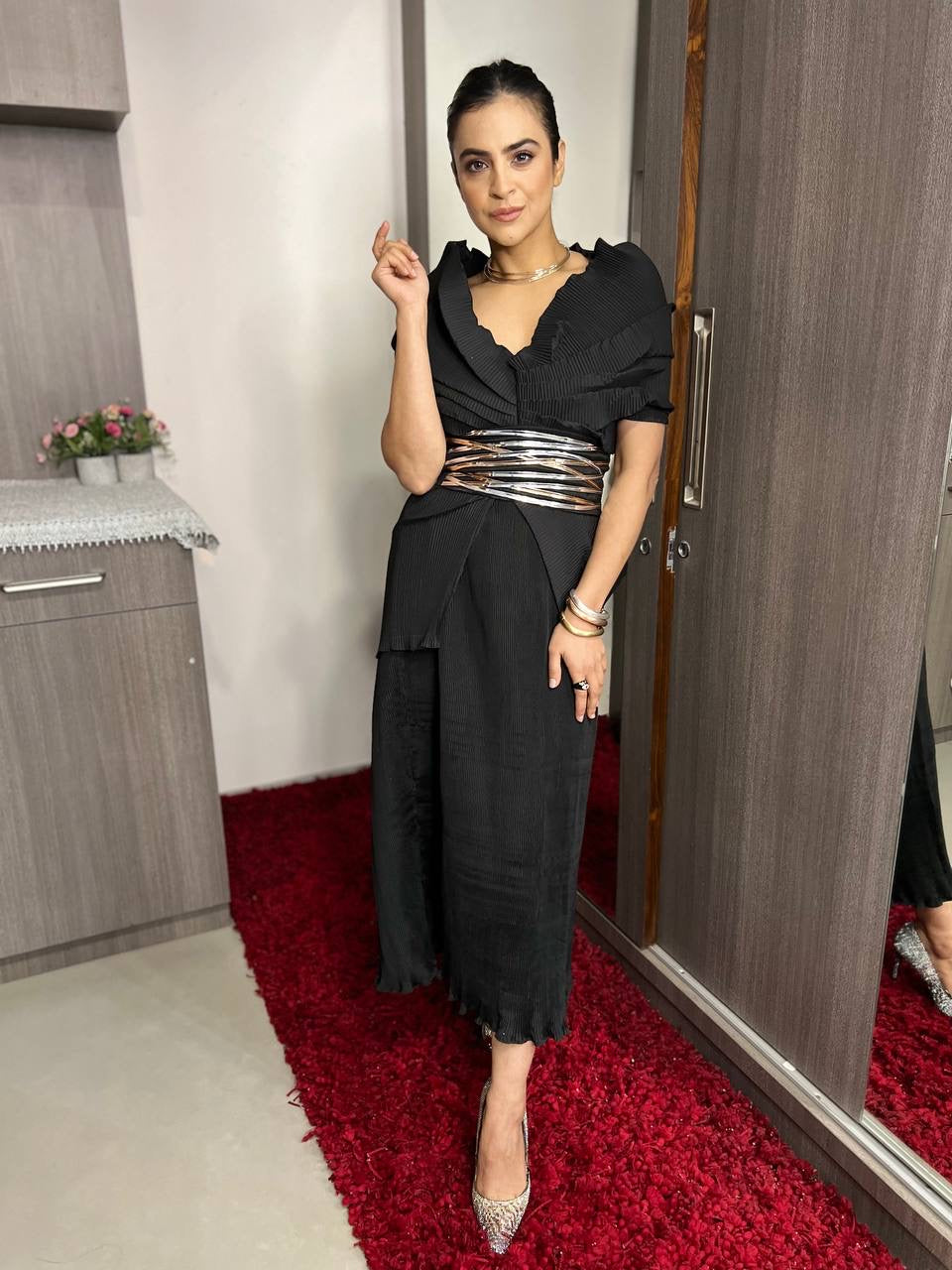 Silk Multi Drape Long Skirt Set in Black